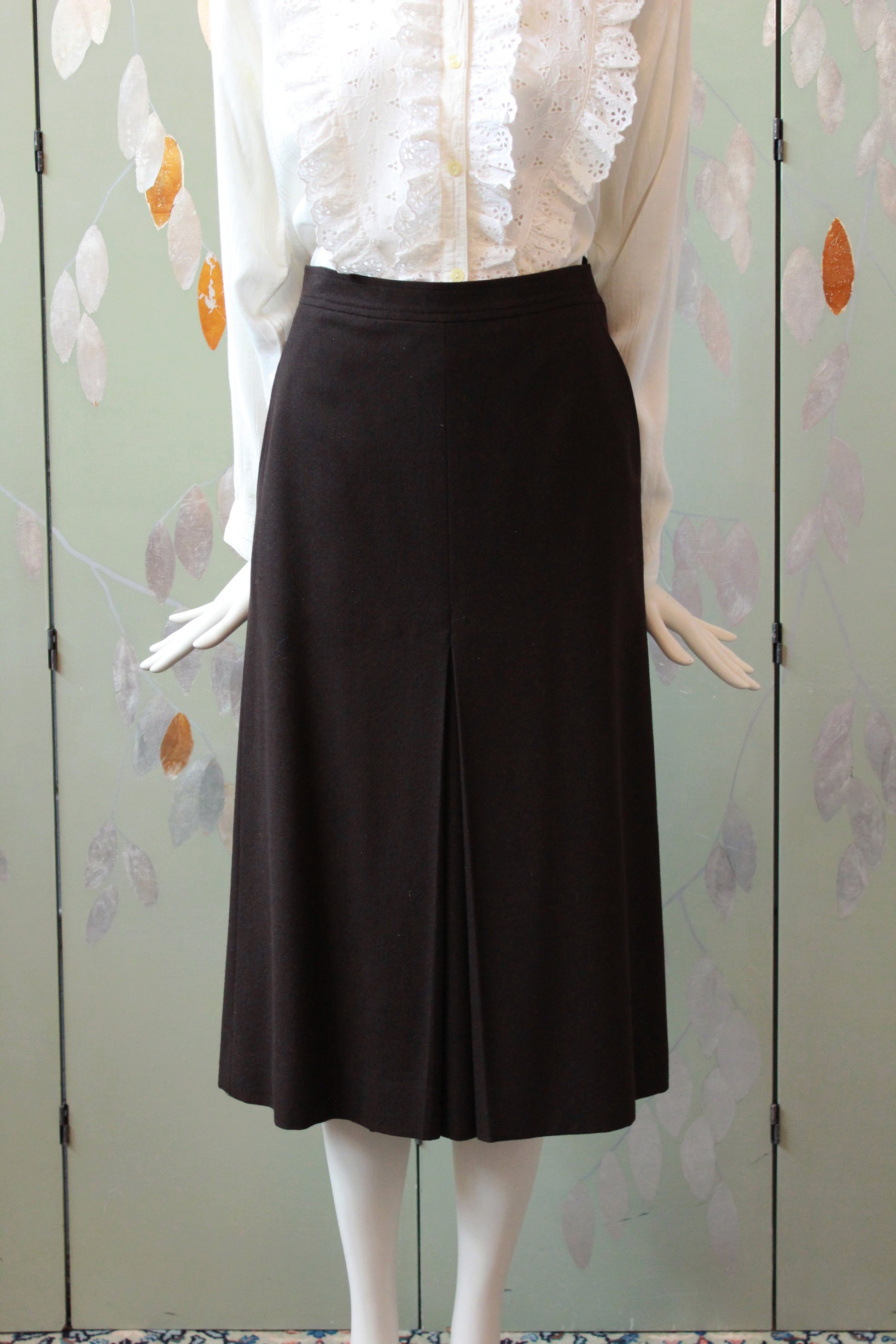 1970s YSL Brown A Line Kick Pleat Wool Skirt, Large 