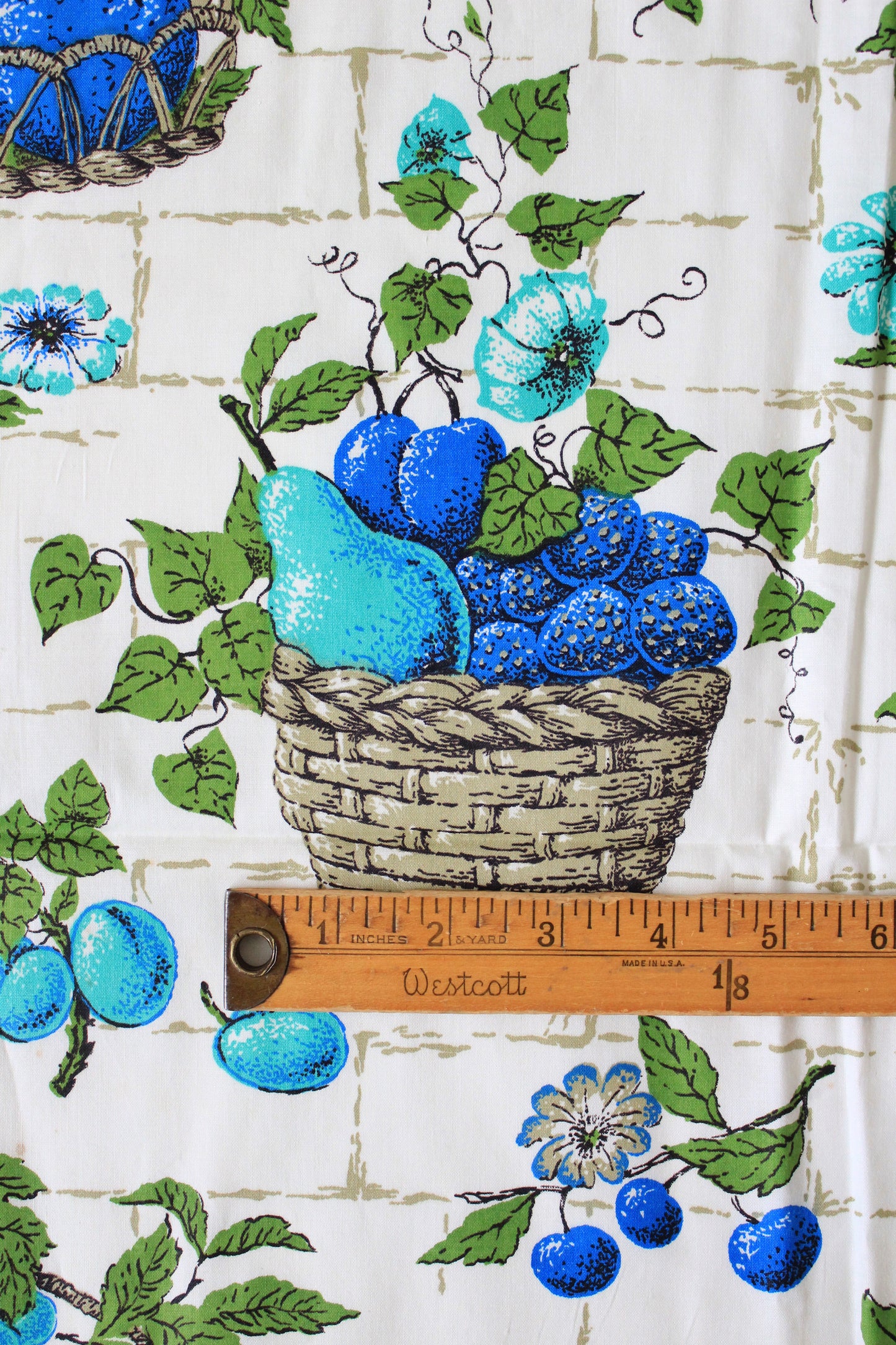 1960s Blue And Green Fruit Basket Cotton Sewing Fabric, 2 Yards