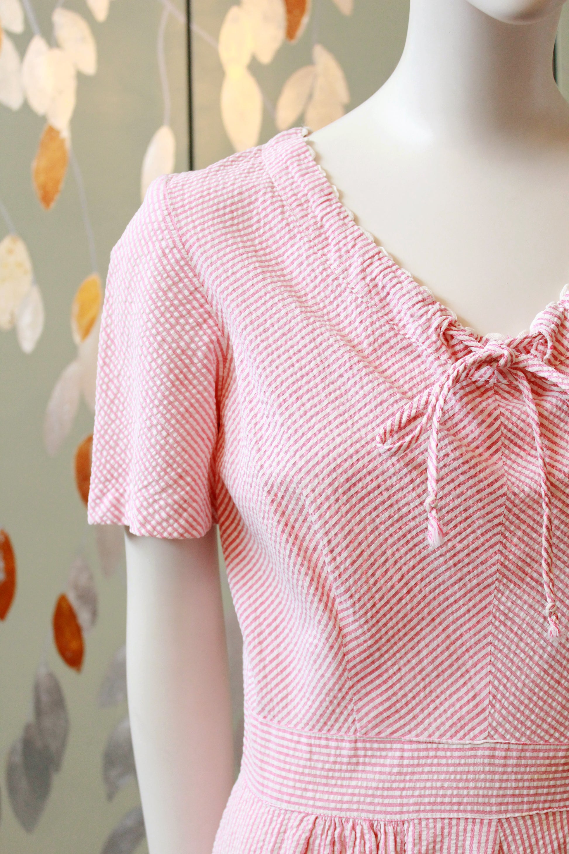 1940s Pink And White Striped Seersucker Dress, Small