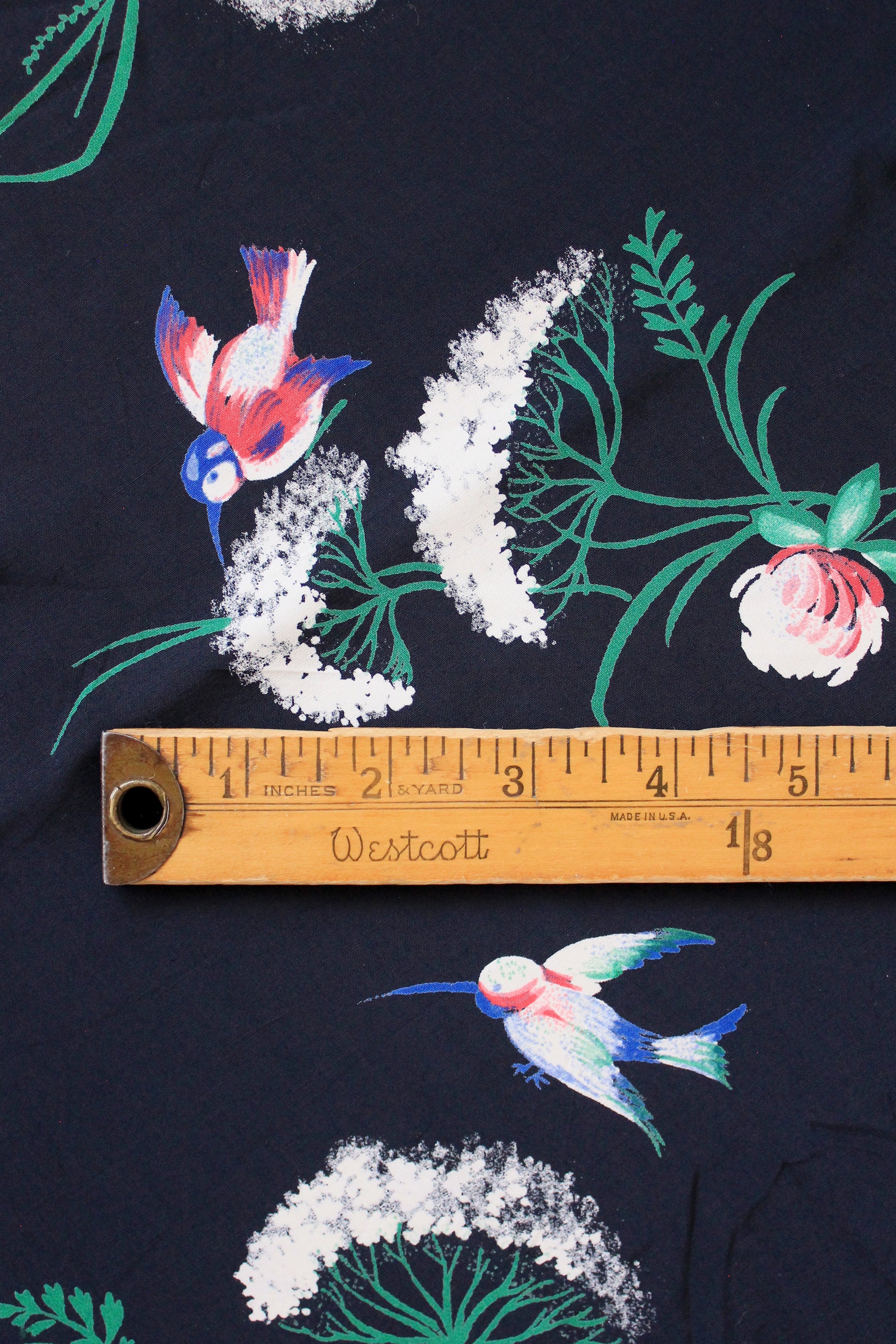 1940s Navy Blue Rayon Fabric With Hummingbirds Flying Though Flowers, 4 Yards