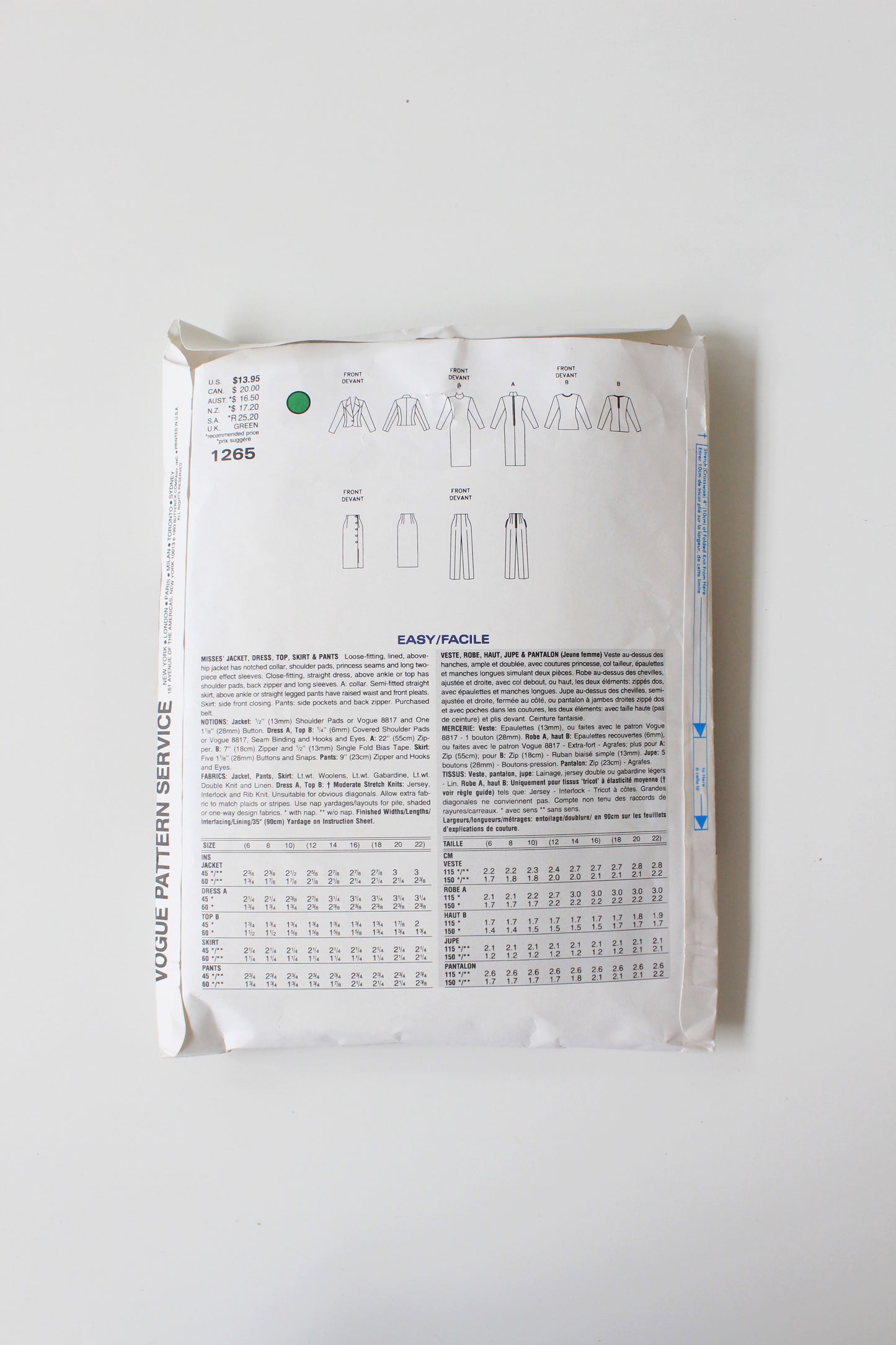 1990s Multi-piece Vogue Career Wardrobe 1265 Sewing Pattern, Jacket/Dress/Top/skirt/Pants, Uncut Size 6-10