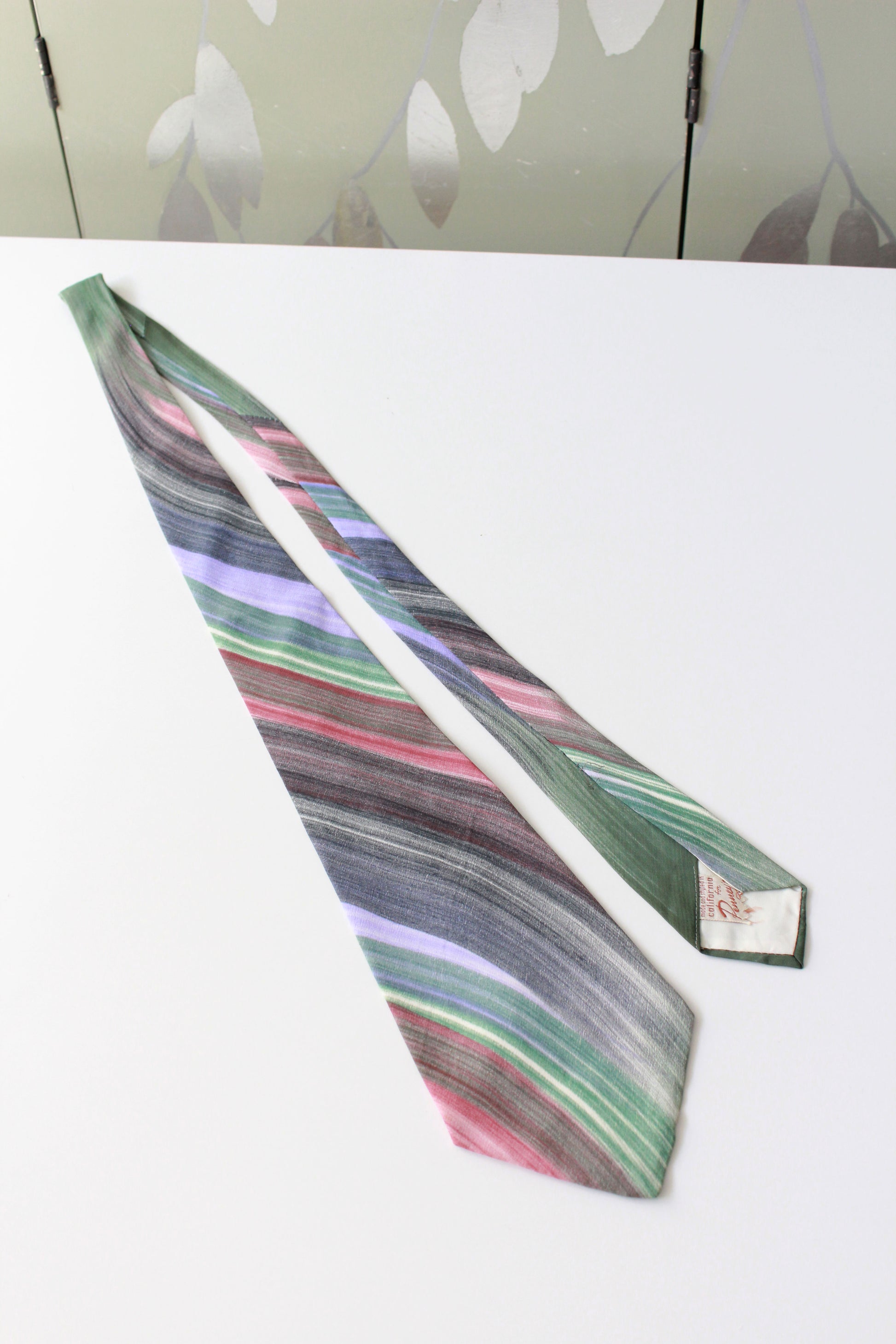 Vintage 1950s Purple/Green/Magenta/Grey Stripe Hand Painted Rayon Tie