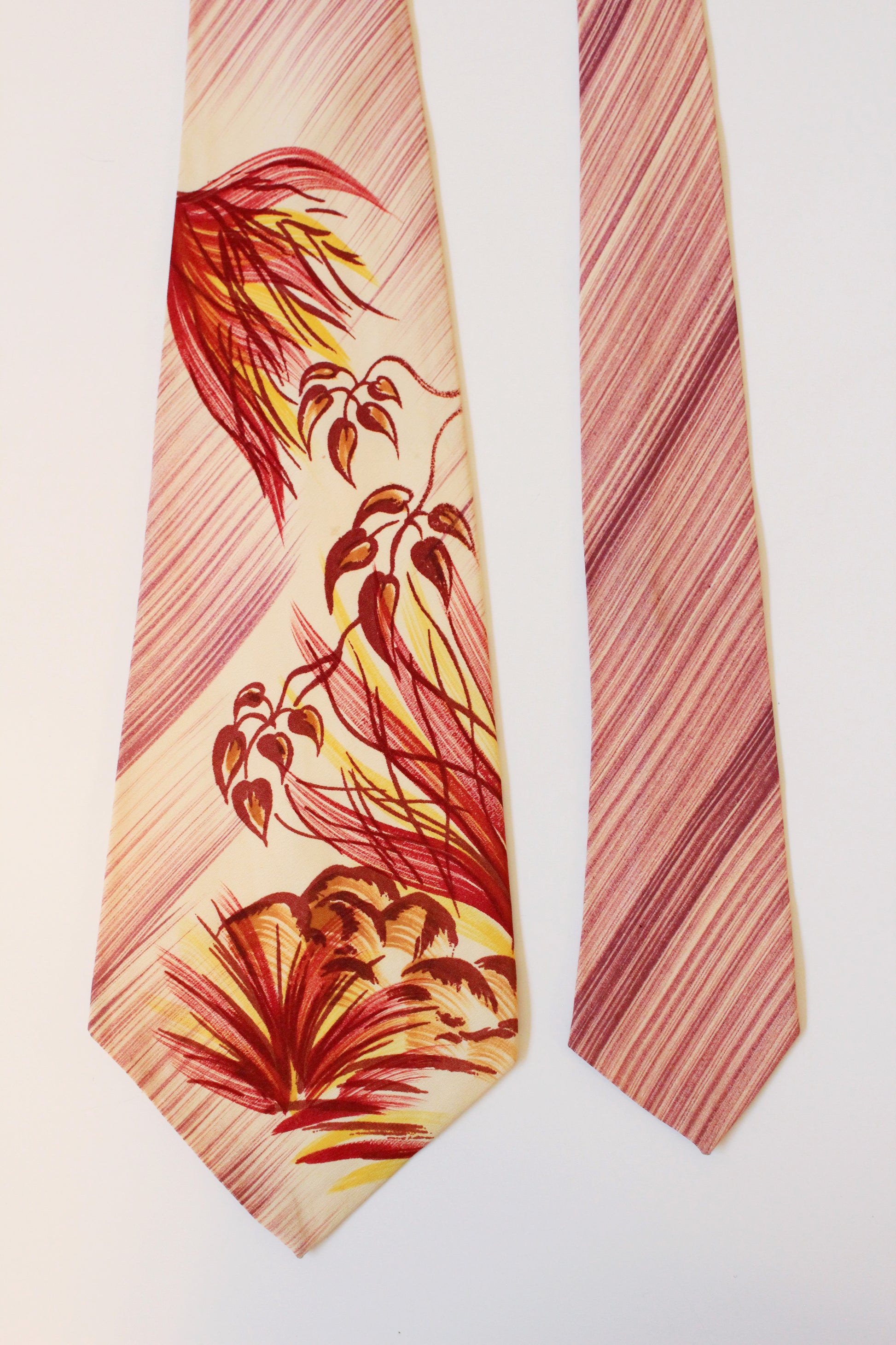 Vintage 1940s Purple And Yellow Pond leaves Hand Painted Tie