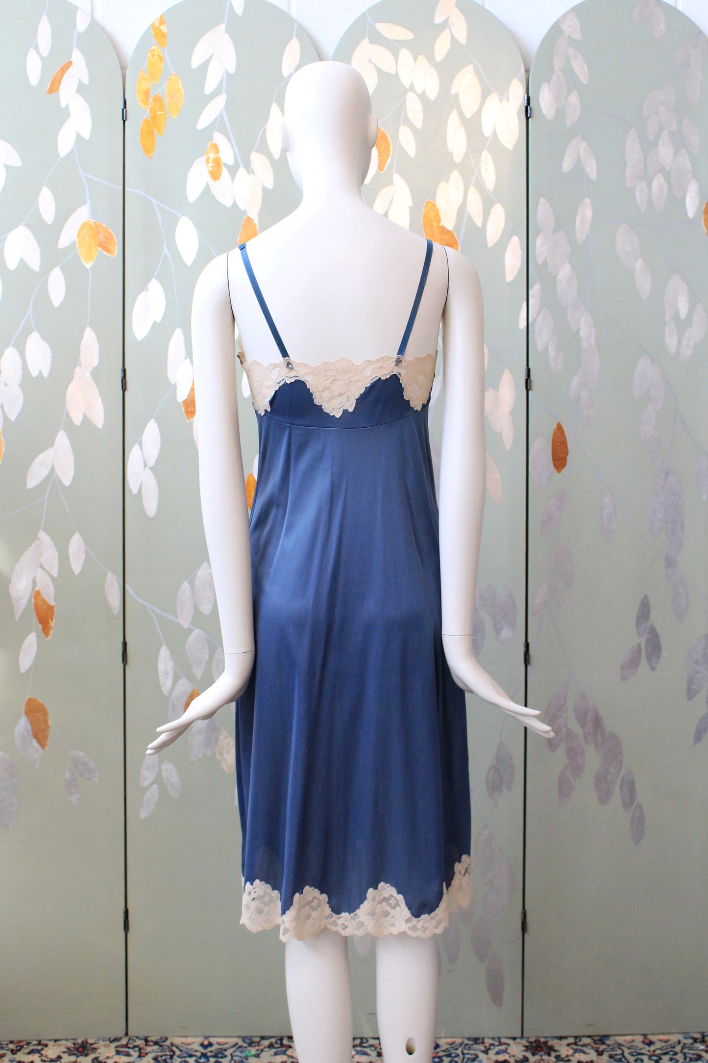 1990s Blue And Cream Nightgown Slip With Lace Trim, XS