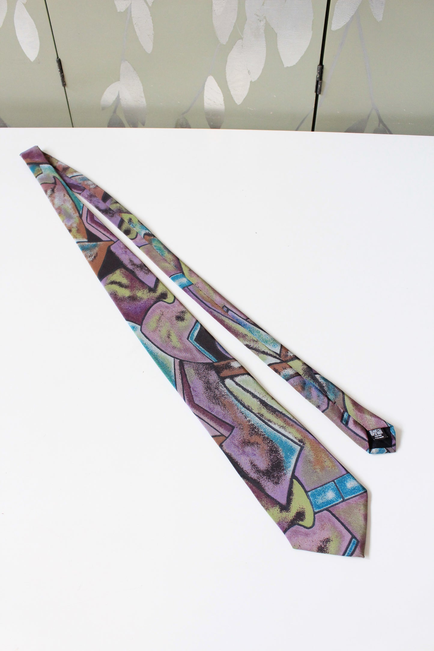 1990s Abstract Geometric Print Purple And Green Tie 