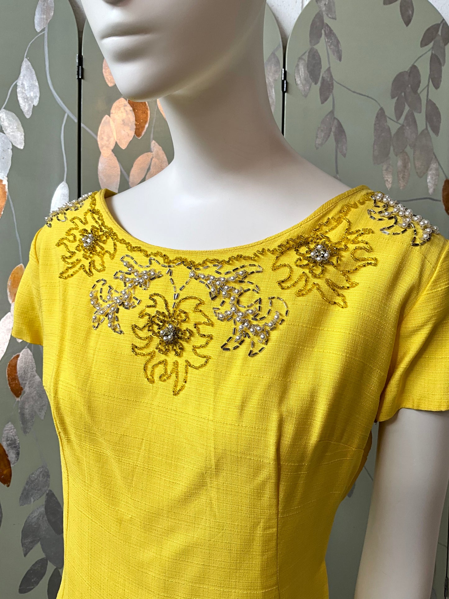 Vintage 1960s Canary Yellow Beaded Dress and Jacket Set, Large