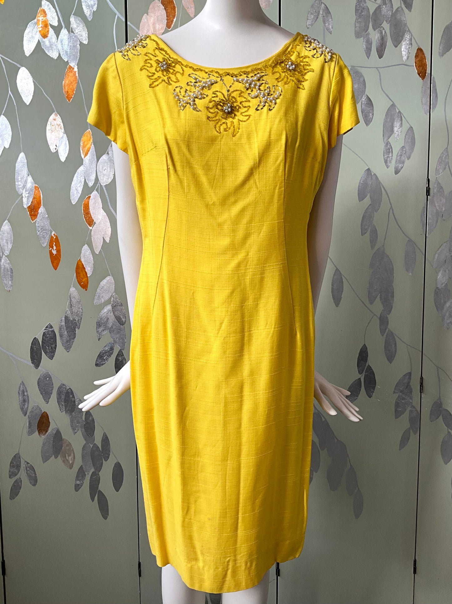 Vintage 1960s Canary Yellow Beaded Dress and Jacket Set, Large 