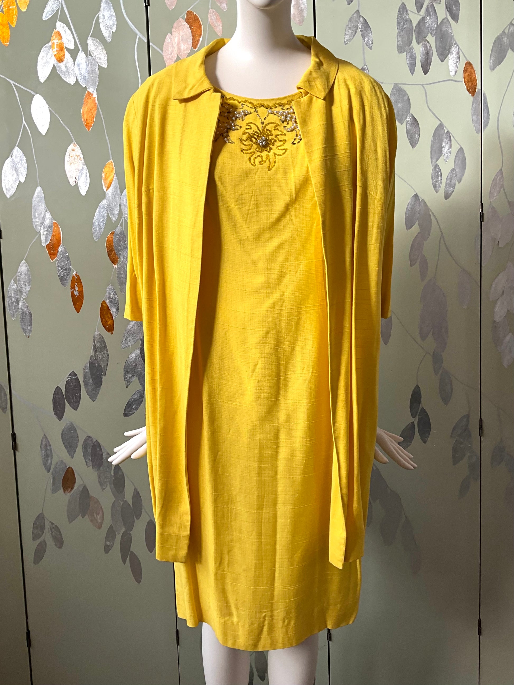 Vintage 1960s Canary Yellow Beaded Dress and Jacket Set, Large 