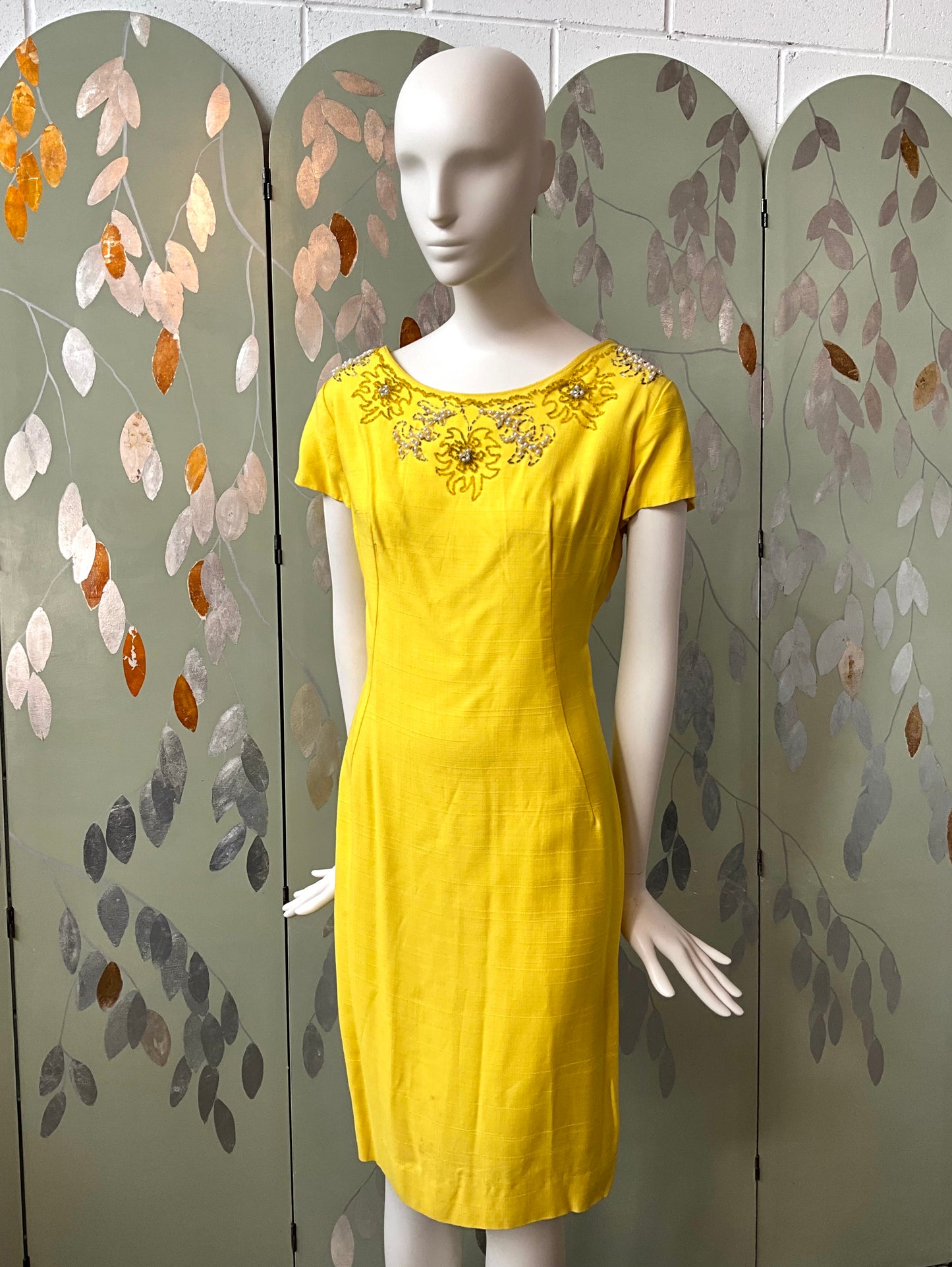 Vintage 1960s Canary Yellow Beaded Dress and Jacket Set, Large