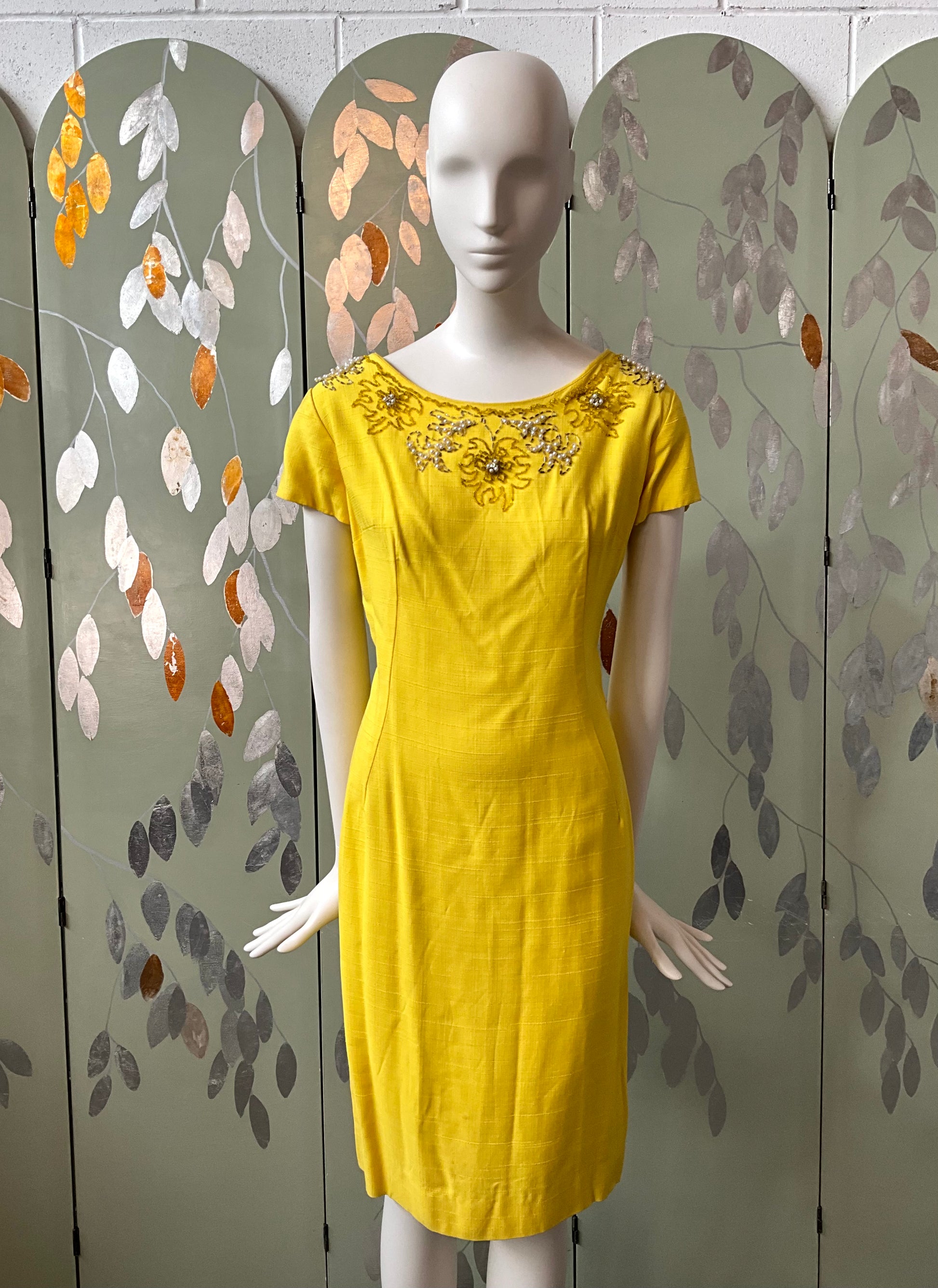 Vintage 1960s Canary Yellow Beaded Dress and Jacket Set, Large Vintage 1960s Canary Yellow Beaded Dress and Jacket Set, Large