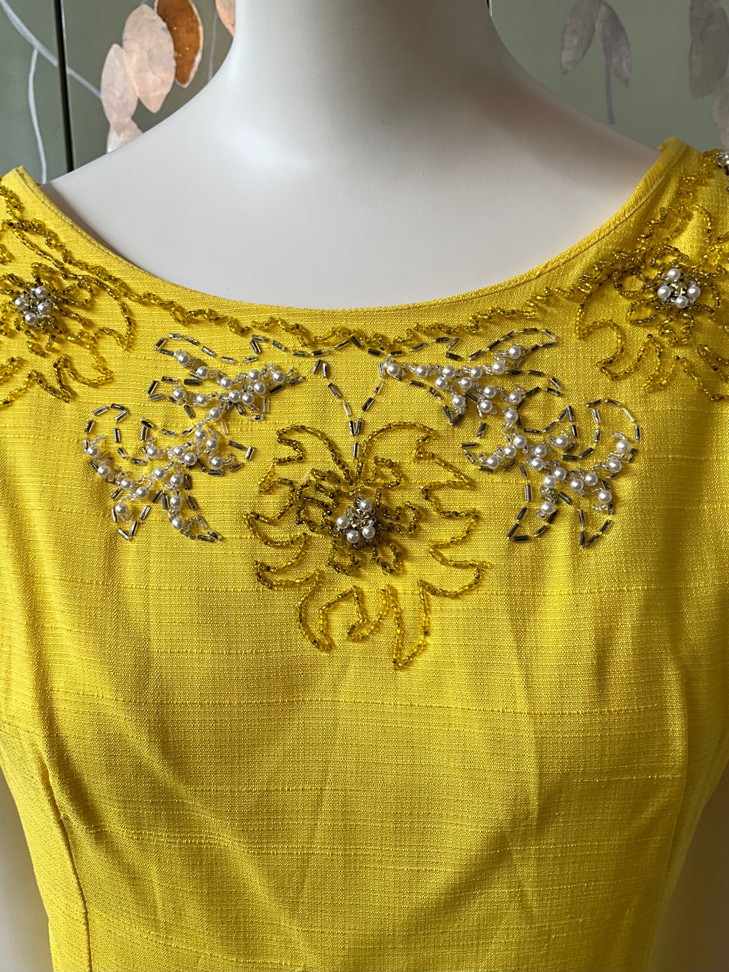 Vintage 1960s Canary Yellow Beaded Dress and Jacket Set, Large 