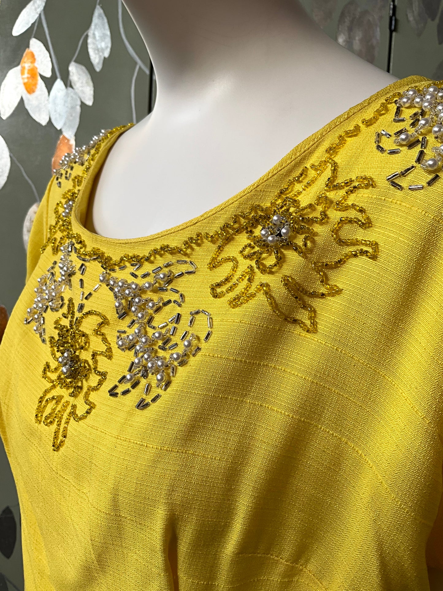 Vintage 1960s Canary Yellow Beaded Dress and Jacket Set, Large 