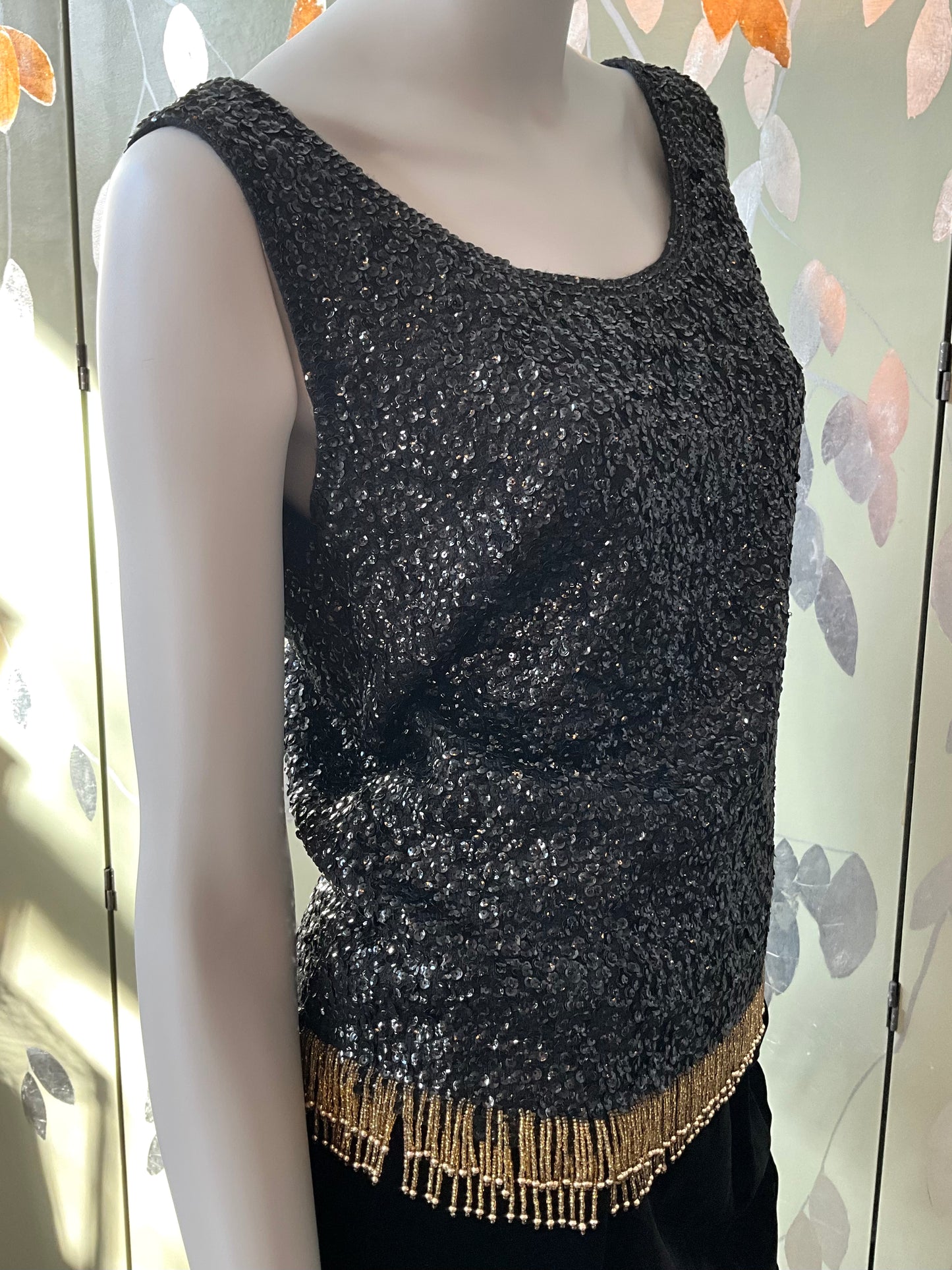 Vintage 1960s Black Sequin and Beaded Fringe Shimmy Top, Medium-Large