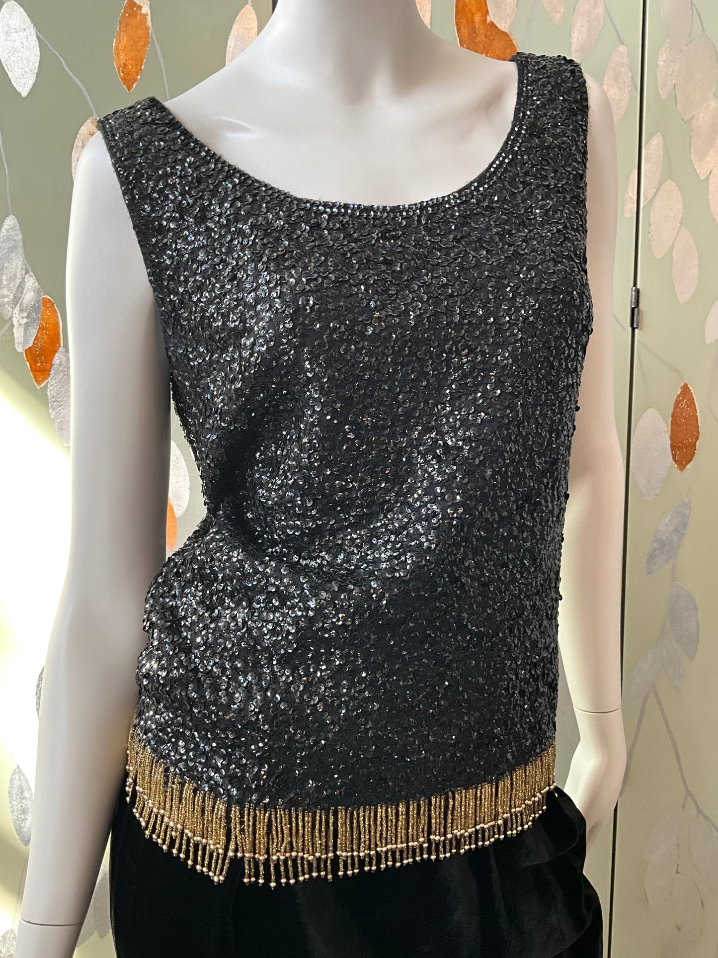 Vintage 1960s Black Sequin and Beaded Fringe Shimmy Top, Medium-Large