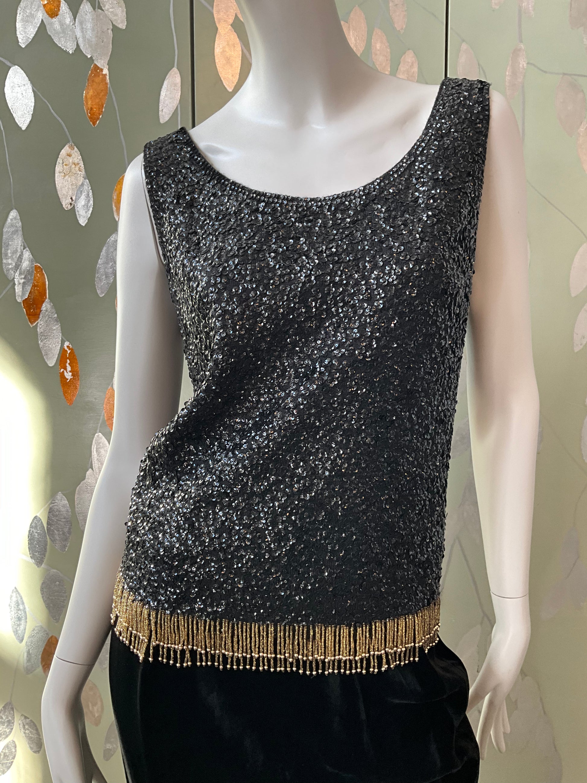 Vintage 1960s Black Sequin and Beaded Fringe Shimmy Top, Medium-Large