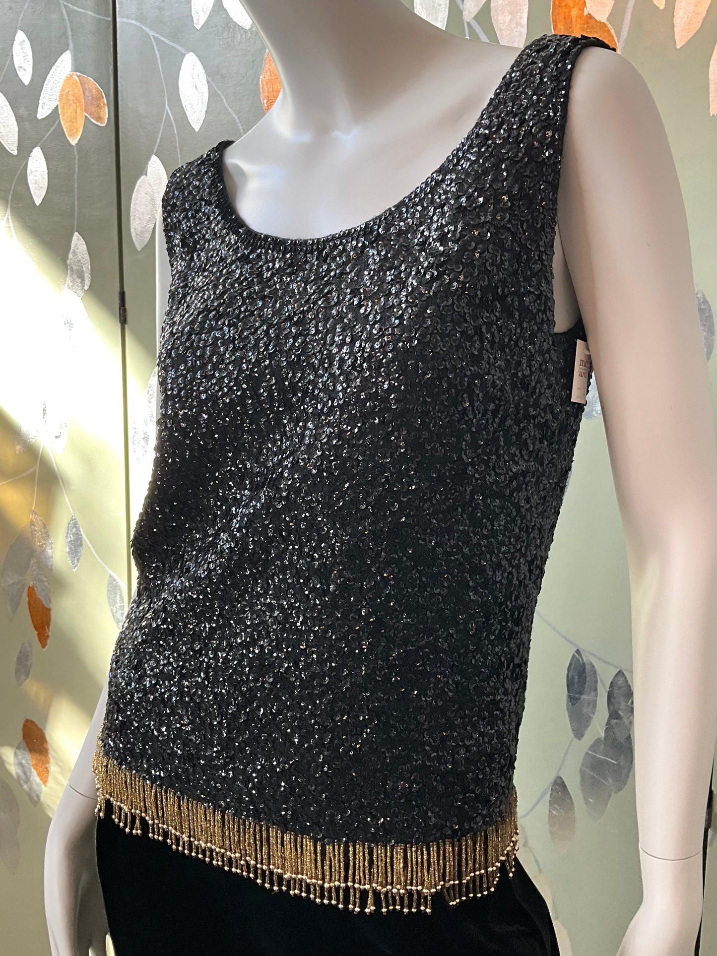 Vintage 1960s Black Sequin and Beaded Fringe Shimmy Top, Medium-Large