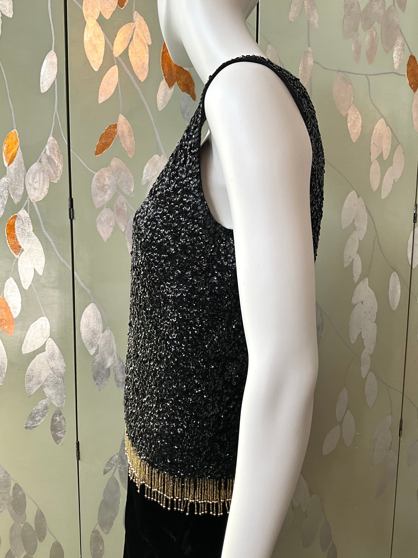 Vintage 1960s Black Sequin and Beaded Fringe Shimmy Top, Medium-Large