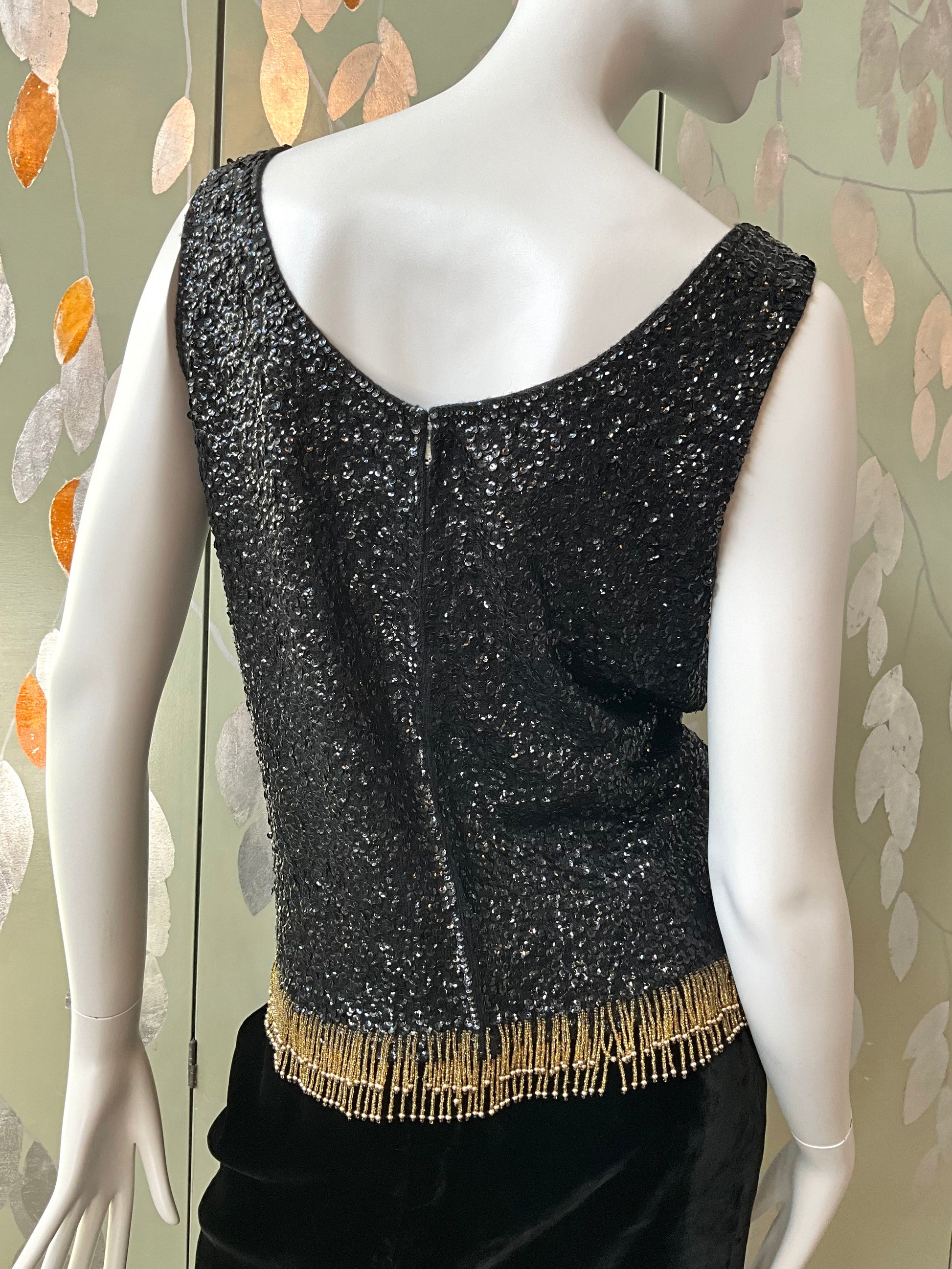 Vintage 1960s Black Sequin and Beaded Fringe Shimmy Top, Medium-Large