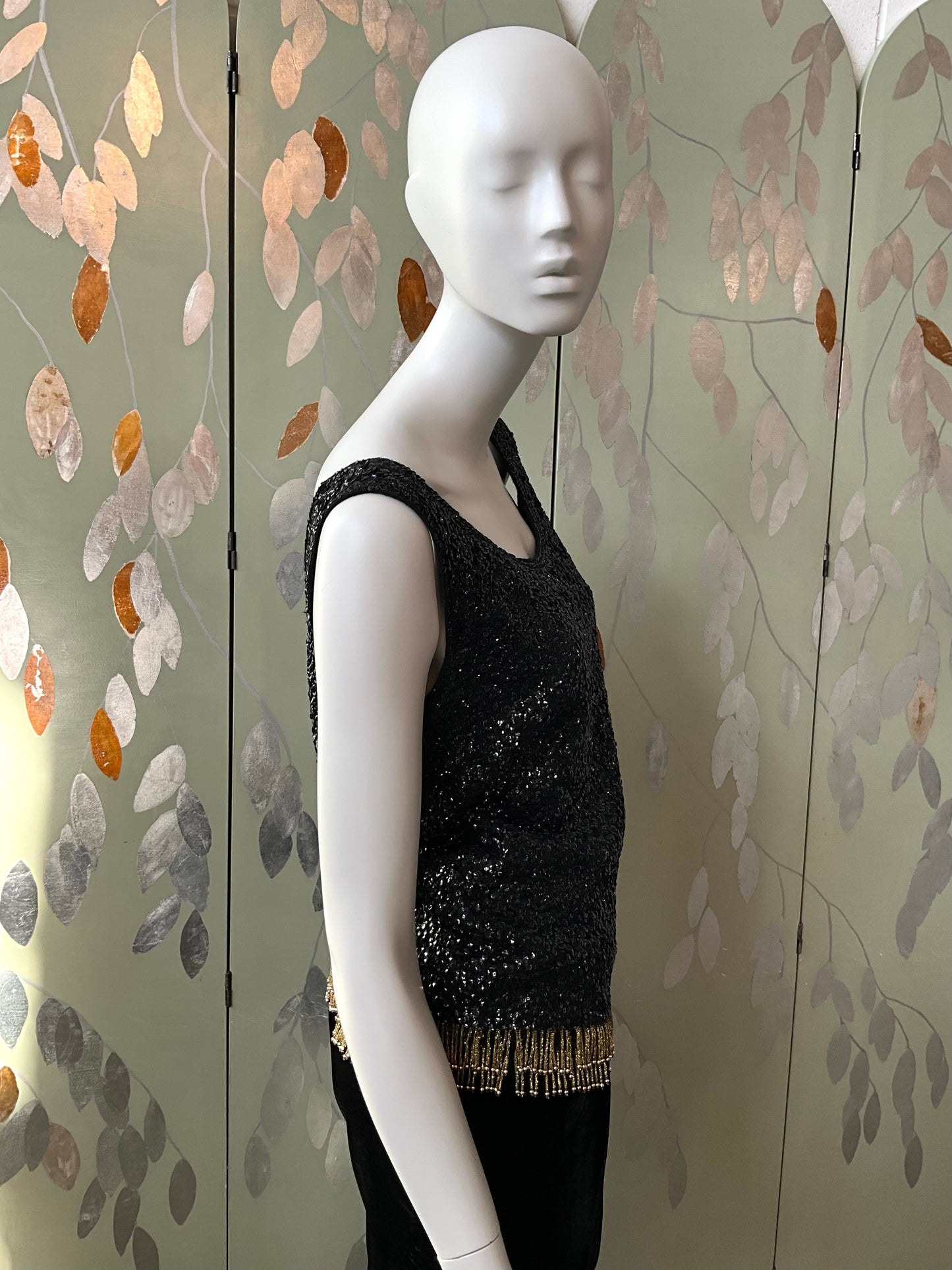 Vintage 1960s Black Sequin and Beaded Fringe Shimmy Top, Medium-Large