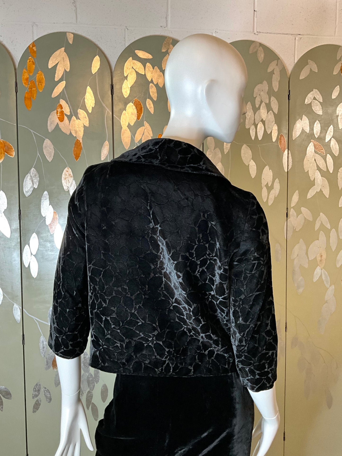 Vintage 1960s Black Burnout Velvet 3/4 Sleeve Bolero Jacket, Medium 