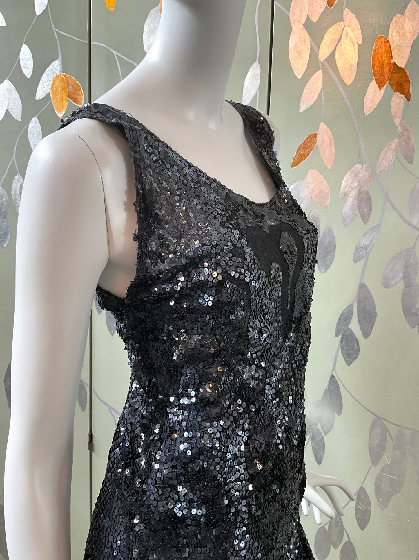 Vintage 1960s Black Sequin Paul Caret Cocktail Dress, Small 