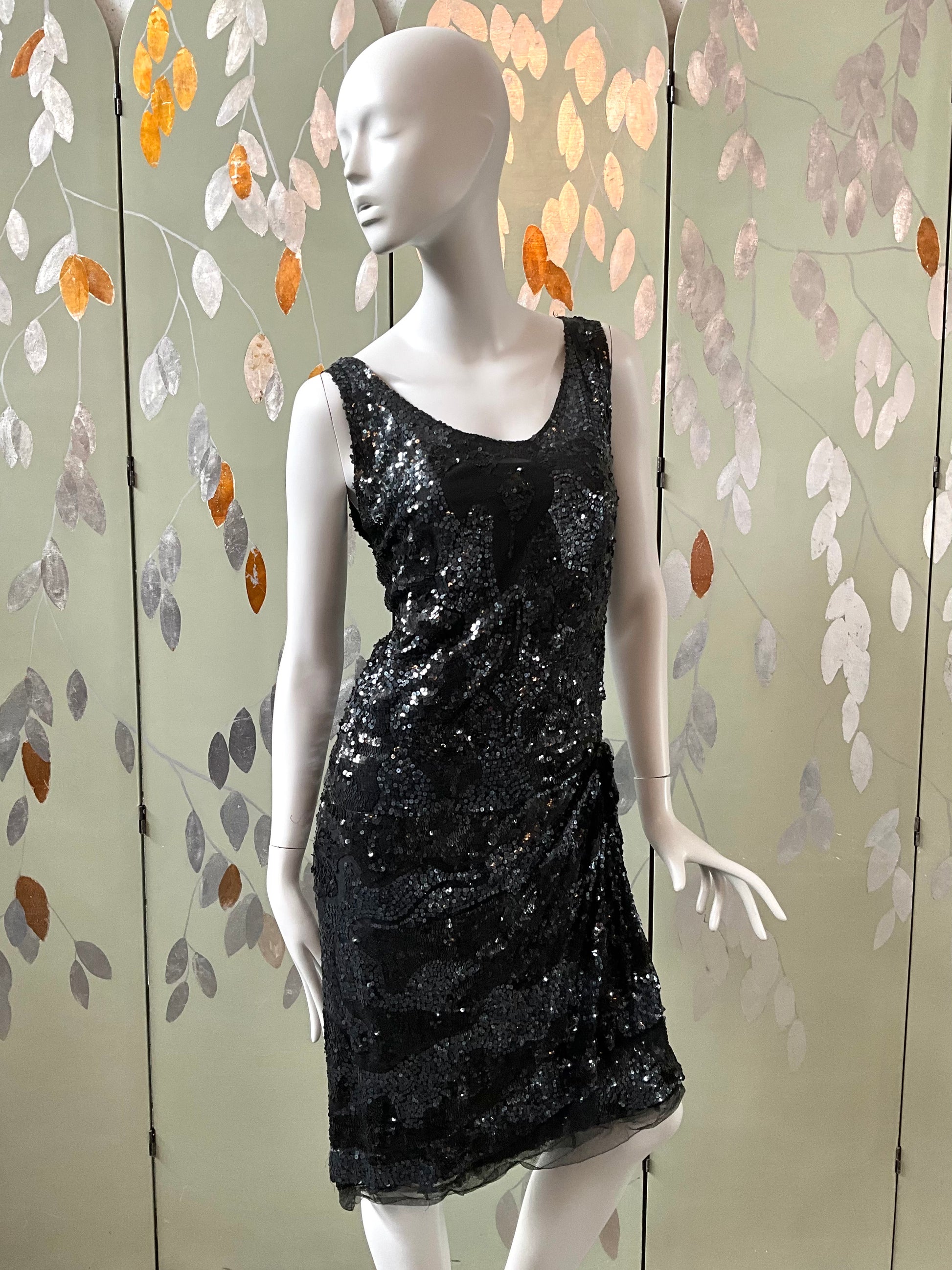 Vintage 1960s Black Sequin Paul Caret Cocktail Dress, Small 