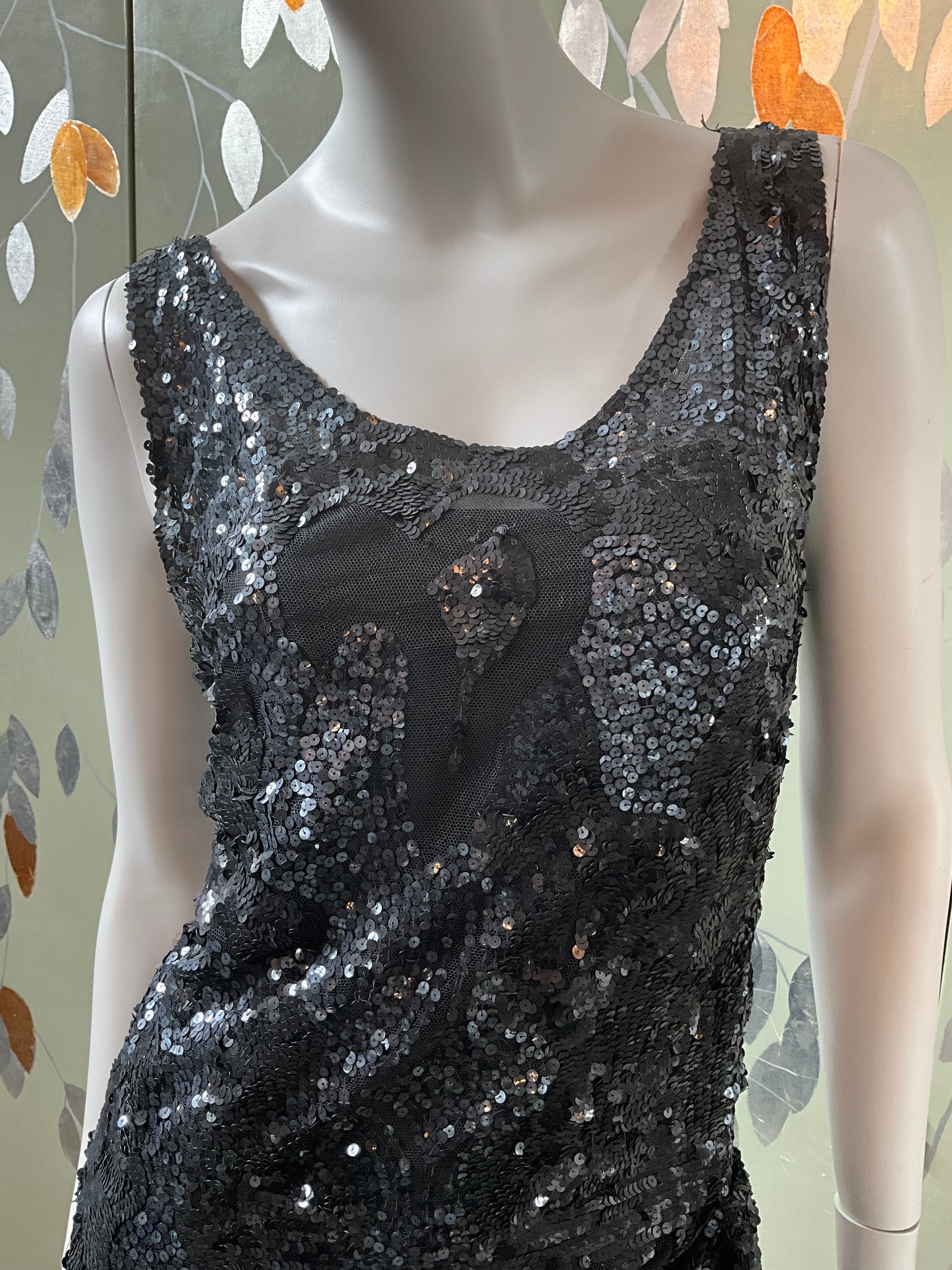 Vintage 1960s Black Sequin Paul Caret Cocktail Dress, Small 