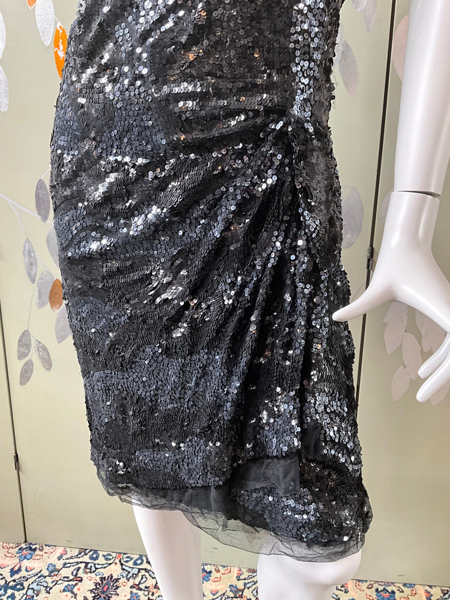 Vintage 1960s Black Sequin Paul Caret Cocktail Dress, Small 