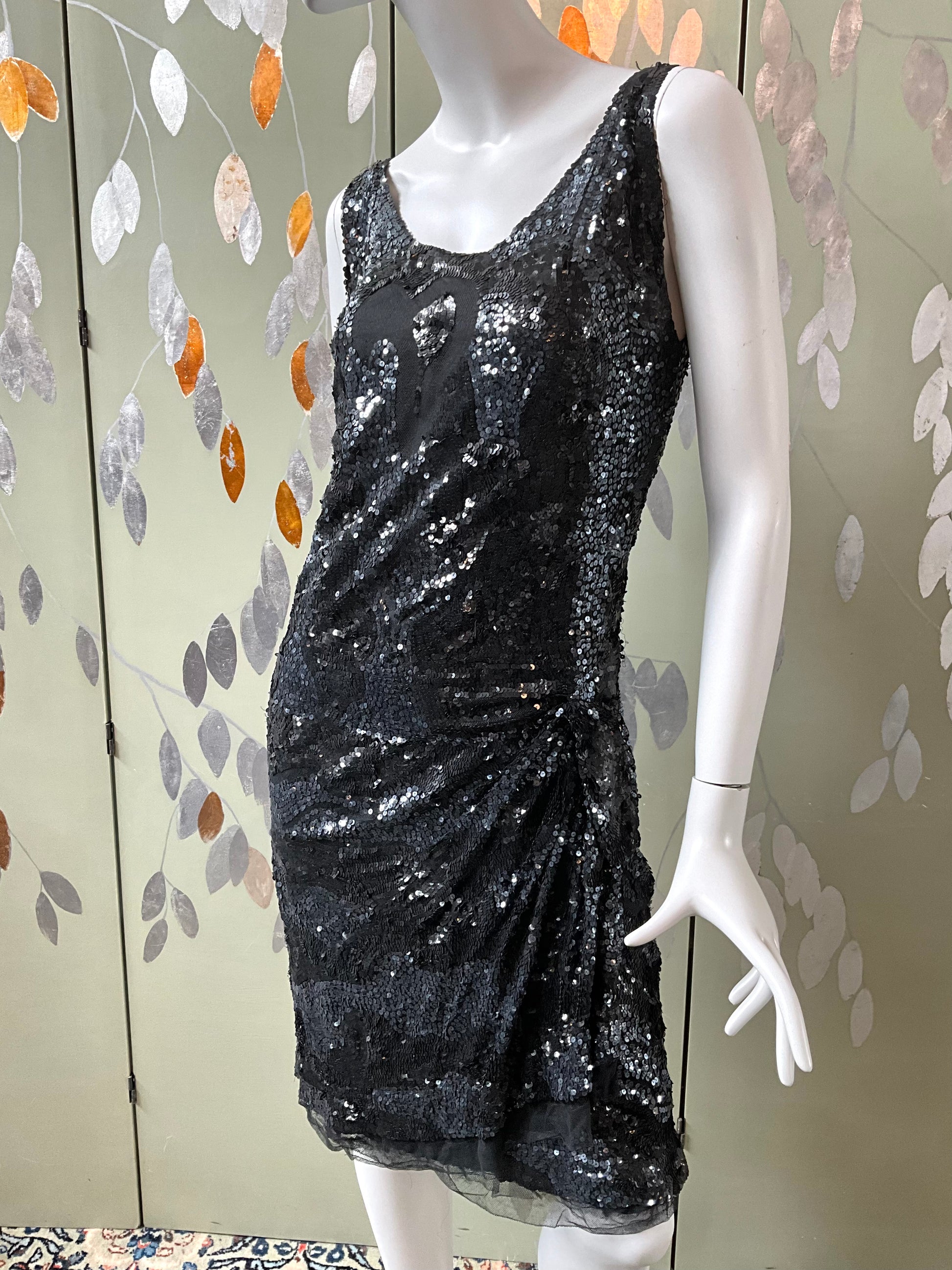 Vintage 1960s Black Sequin Paul Caret Cocktail Dress, Small 