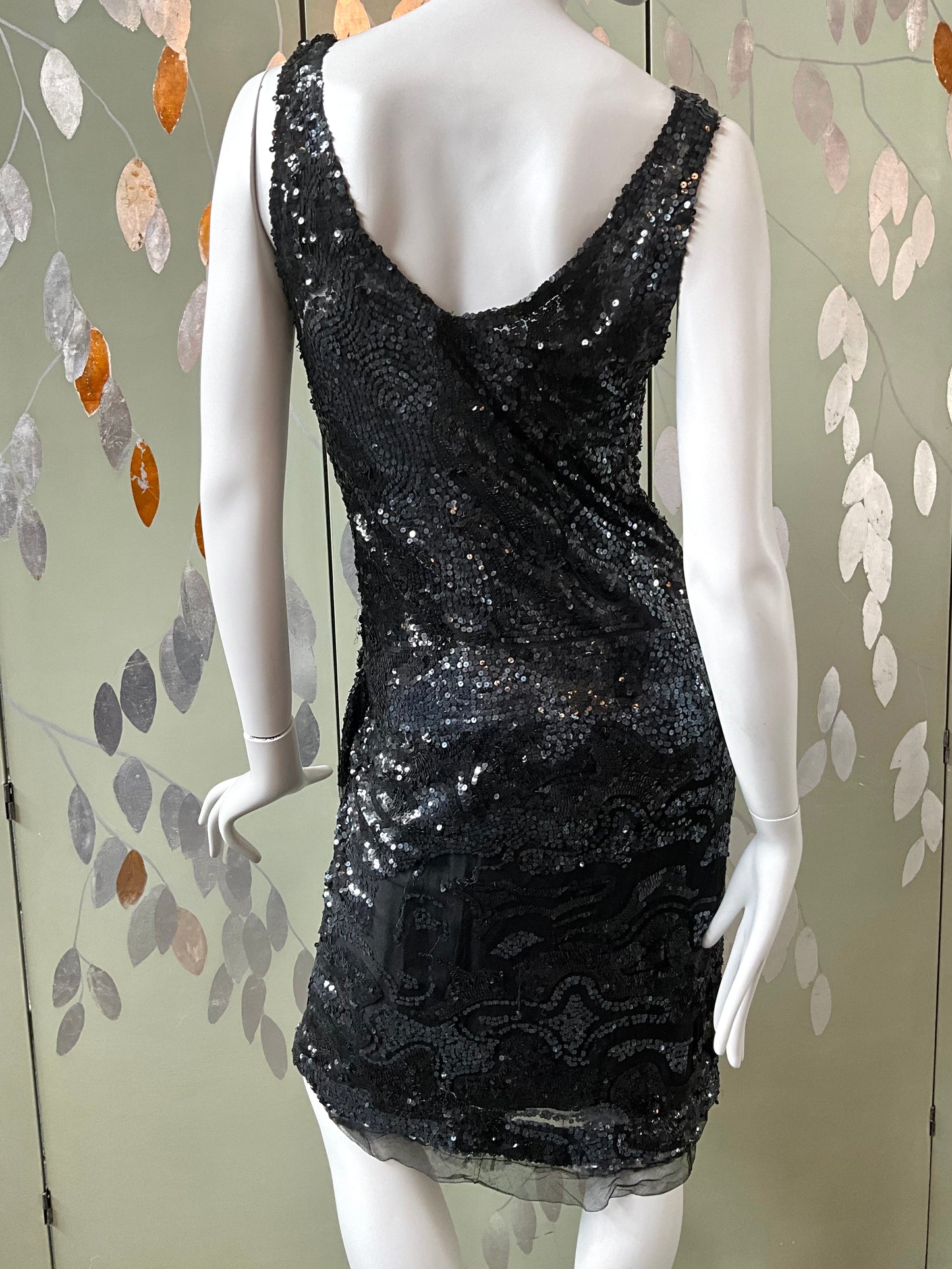 Vintage 1960s Black Sequin Paul Caret Cocktail Dress, Small 