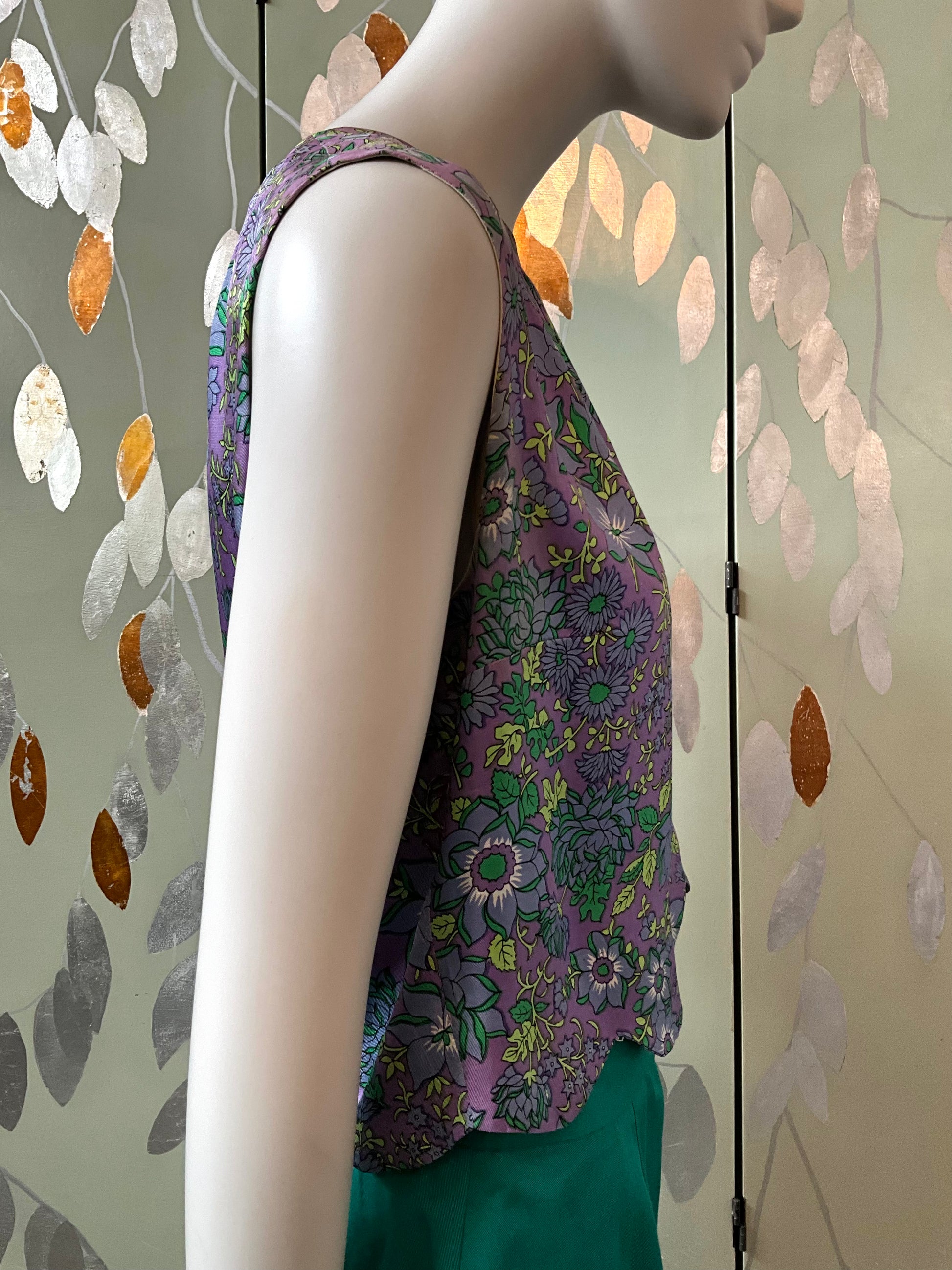 Vintage 1960s Purple and Green Floral Print Satin Sleeveless Cropped Top, Large