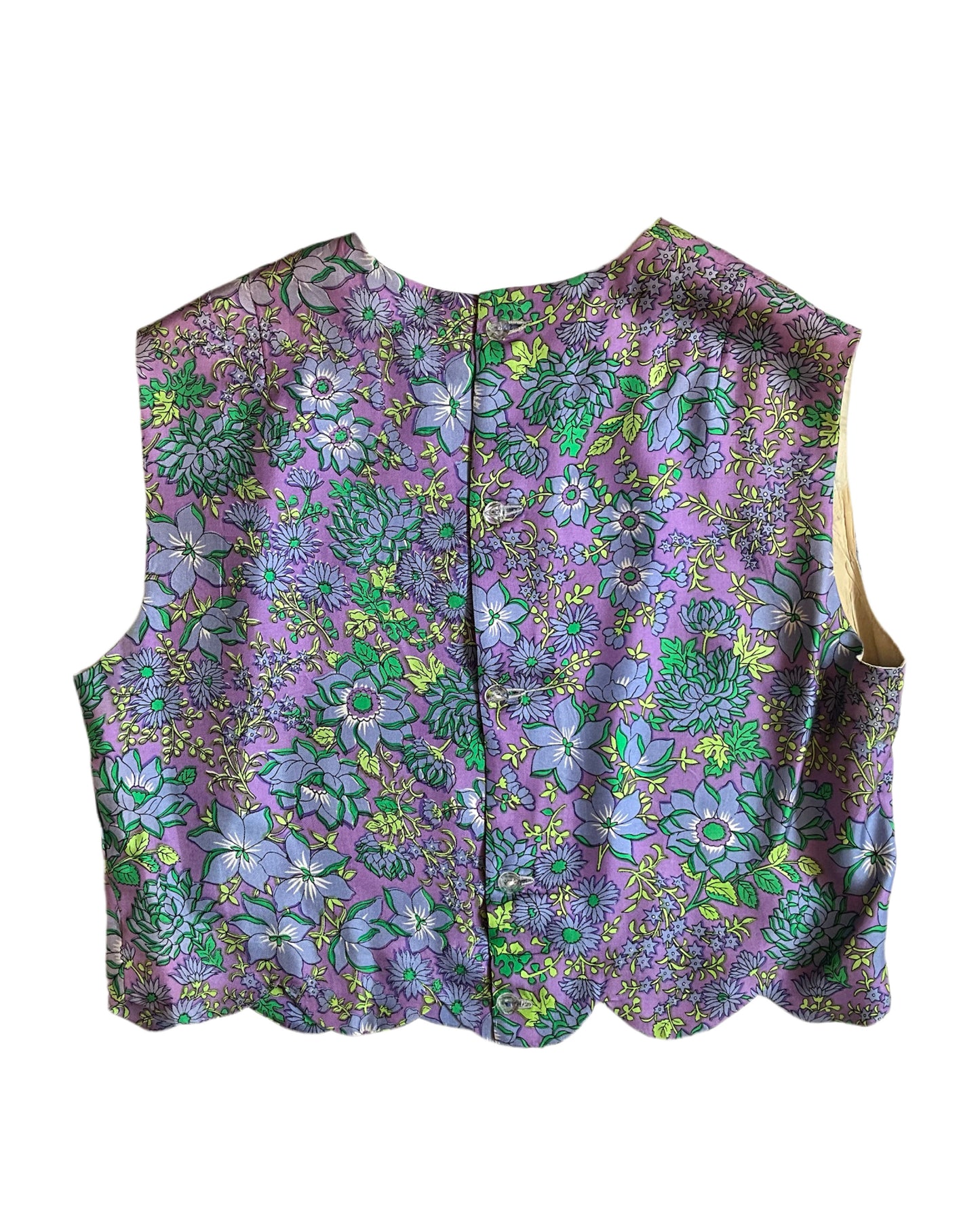 Vintage 1960s Purple and Green Floral Print Satin Sleeveless Cropped Top, Large