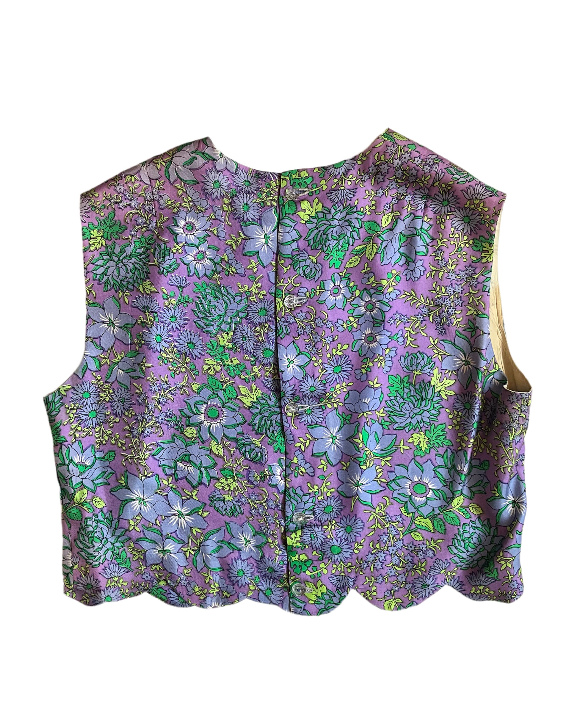 Vintage 1960s Purple and Green Floral Print Satin Sleeveless Cropped Top, Large