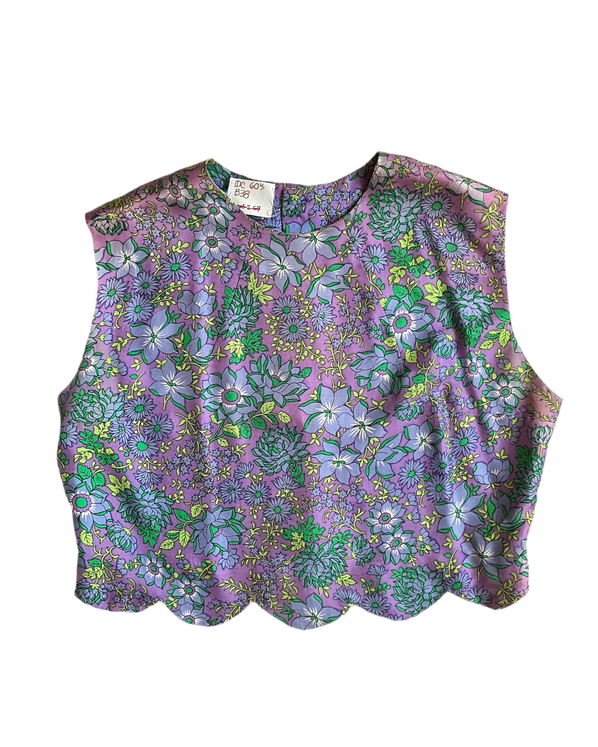 Vintage 1960s Purple and Green Floral Print Satin Sleeveless Cropped Top, Large