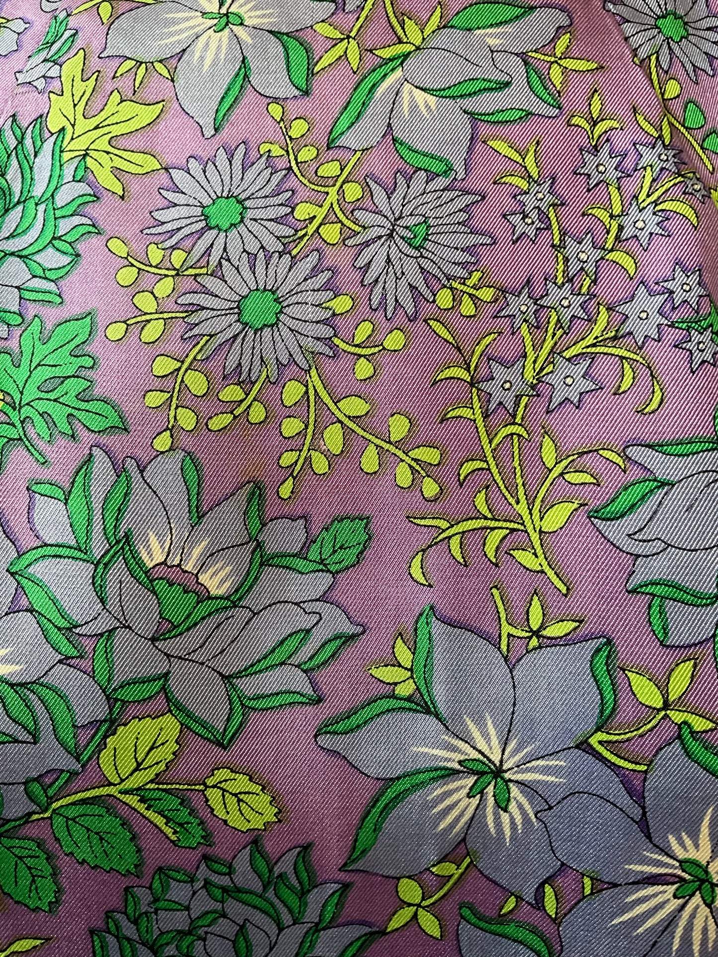 Vintage 1960s Purple and Green Floral Print Satin Sleeveless Cropped Top, Large