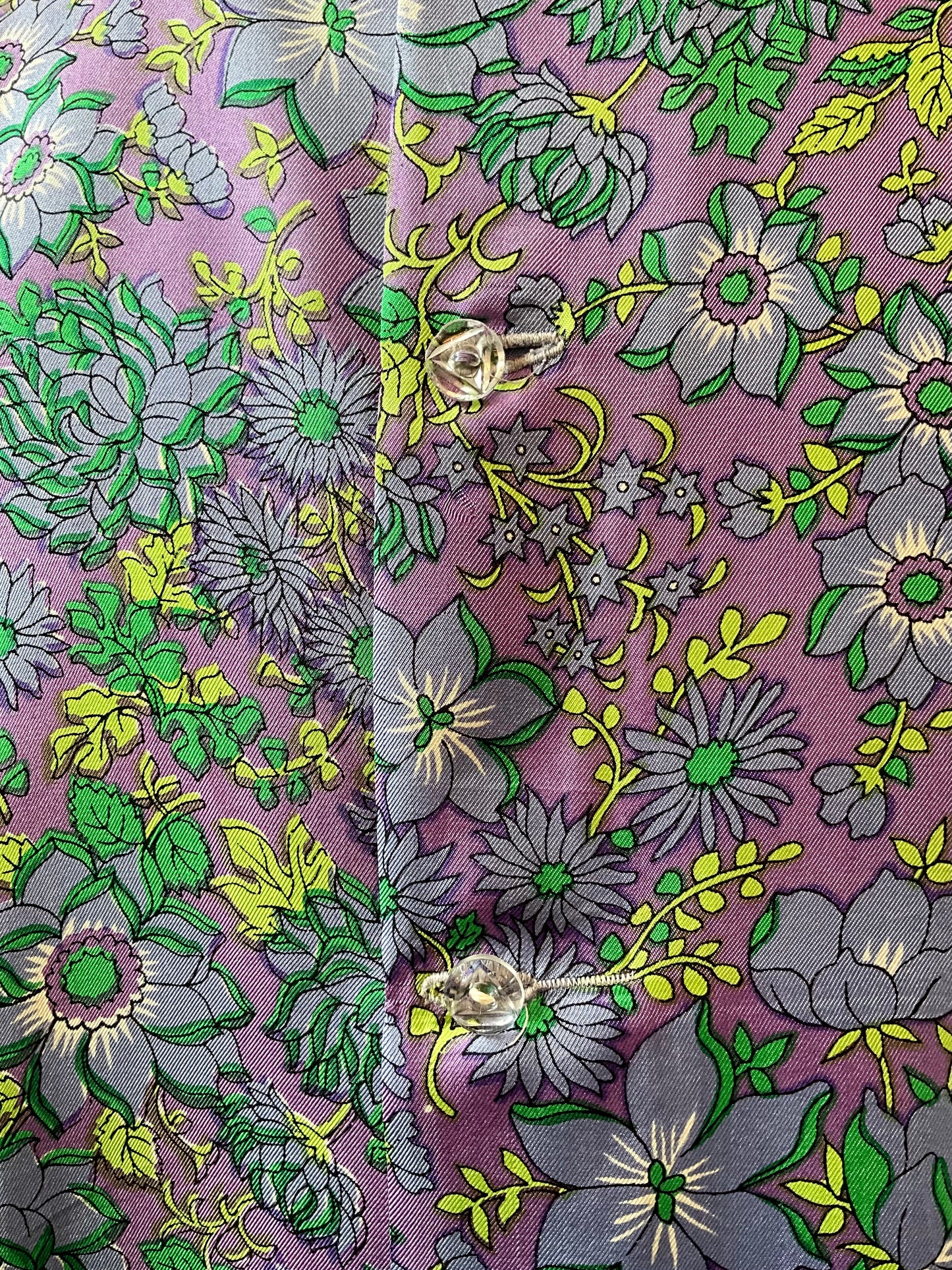 Vintage 1960s Purple and Green Floral Print Satin Sleeveless Cropped Top, Large