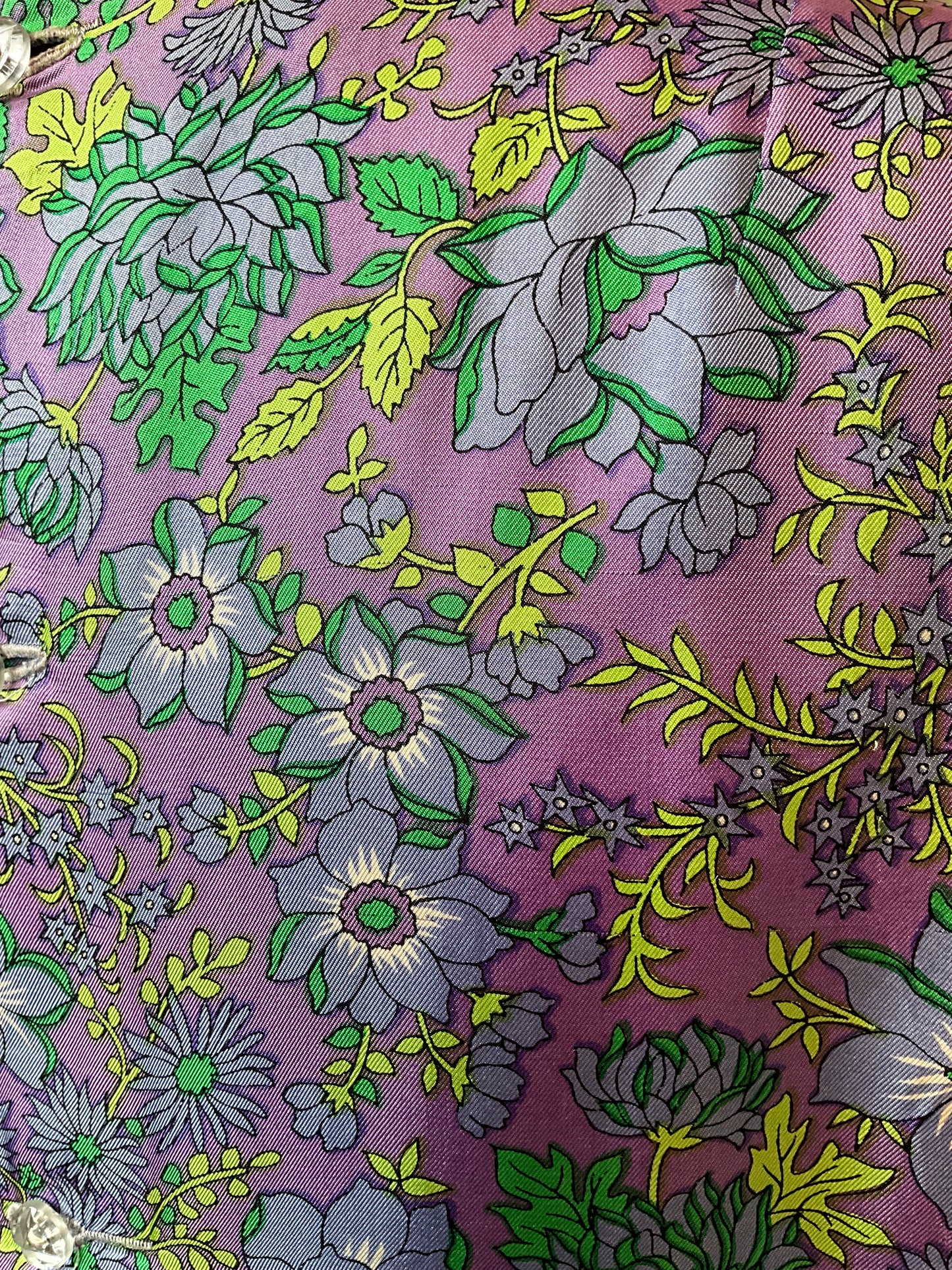 Vintage 1960s Purple and Green Floral Print Satin Sleeveless Cropped Top, Large