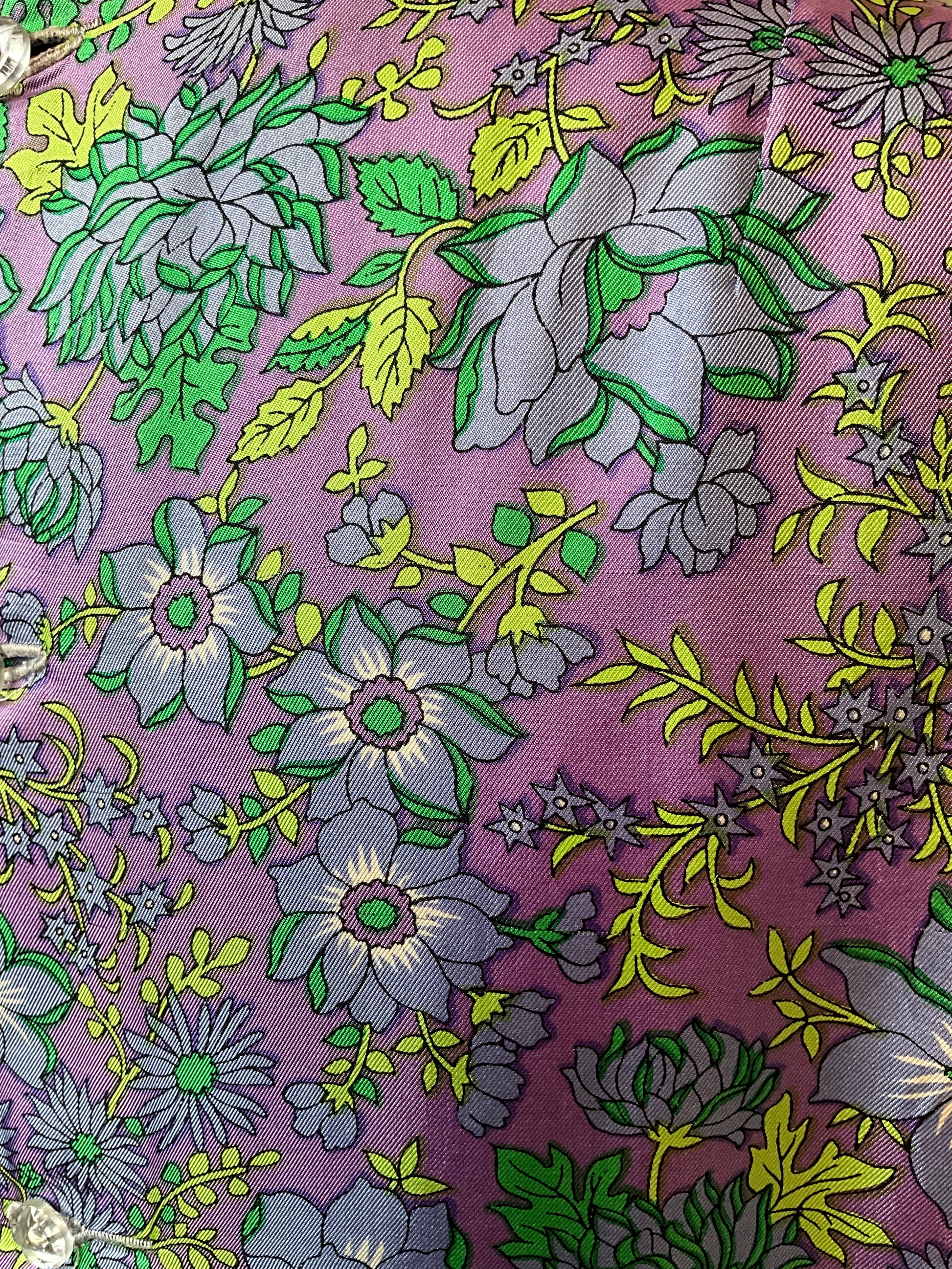 Vintage 1960s Purple and Green Floral Print Satin Sleeveless Cropped Top, Large