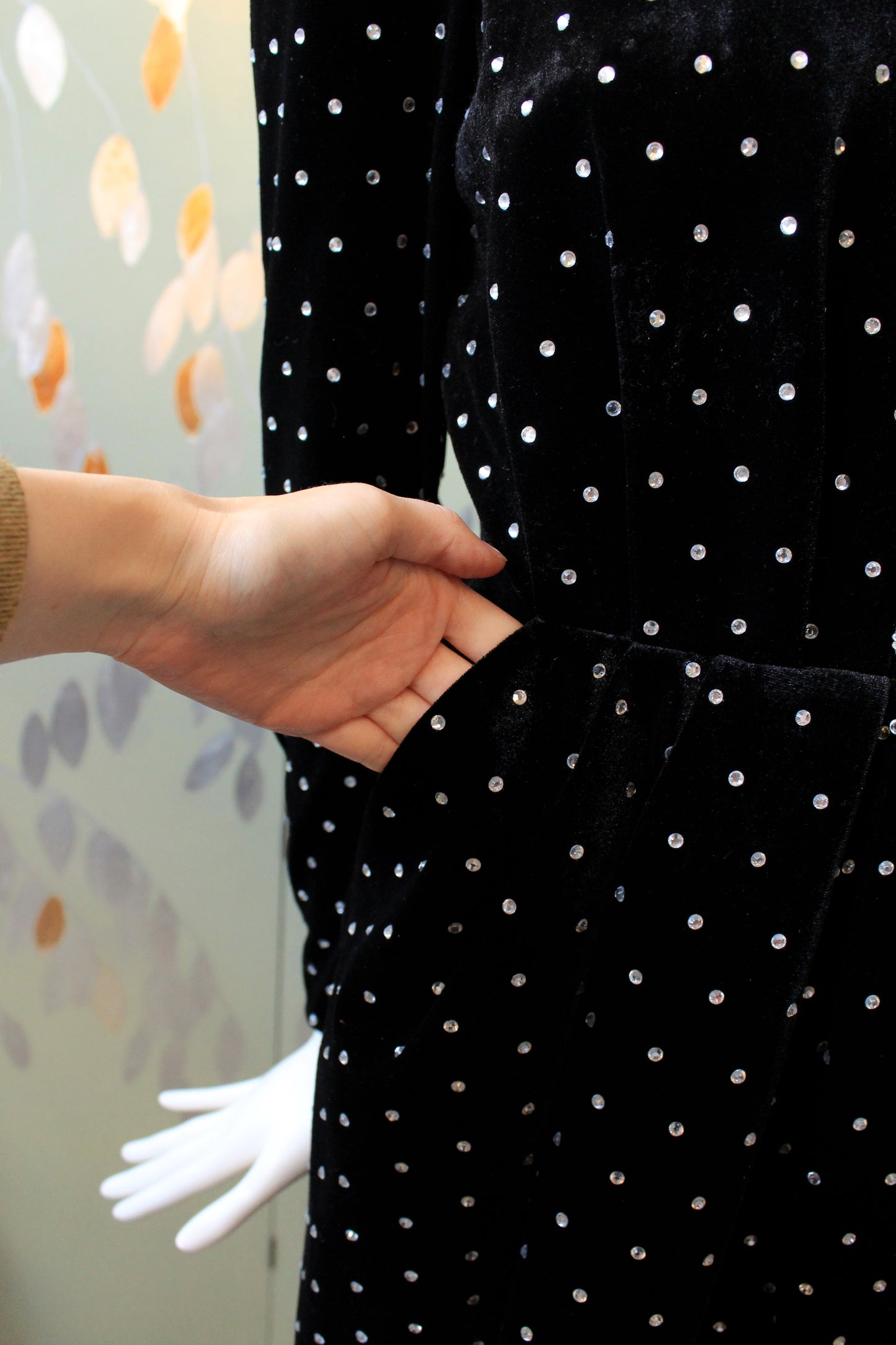 Self Portrait Black Puff Sleeve Diamanté Velvet Dress, XS