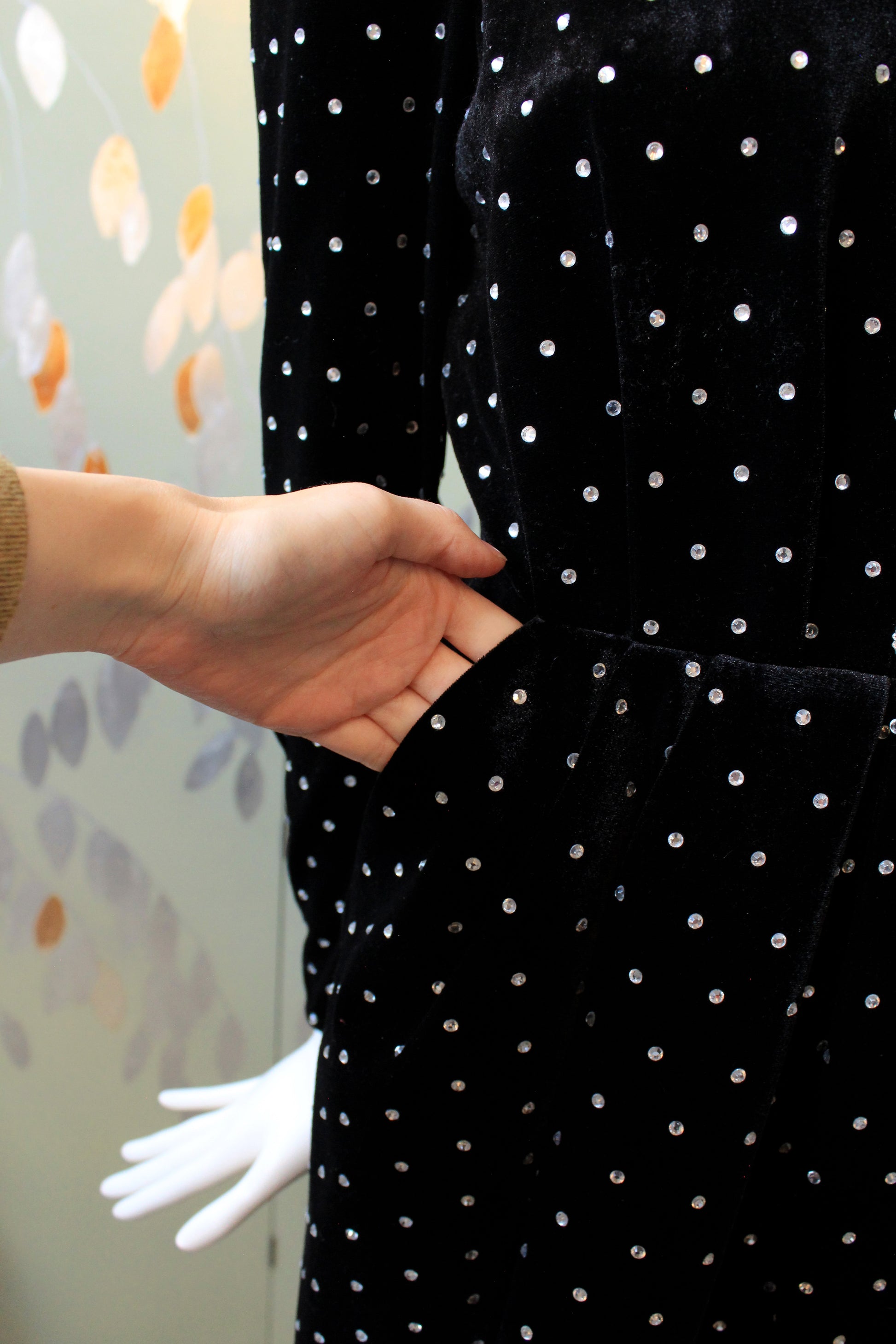 Self Portrait Black Puff Sleeve Diamanté Velvet Dress, XS