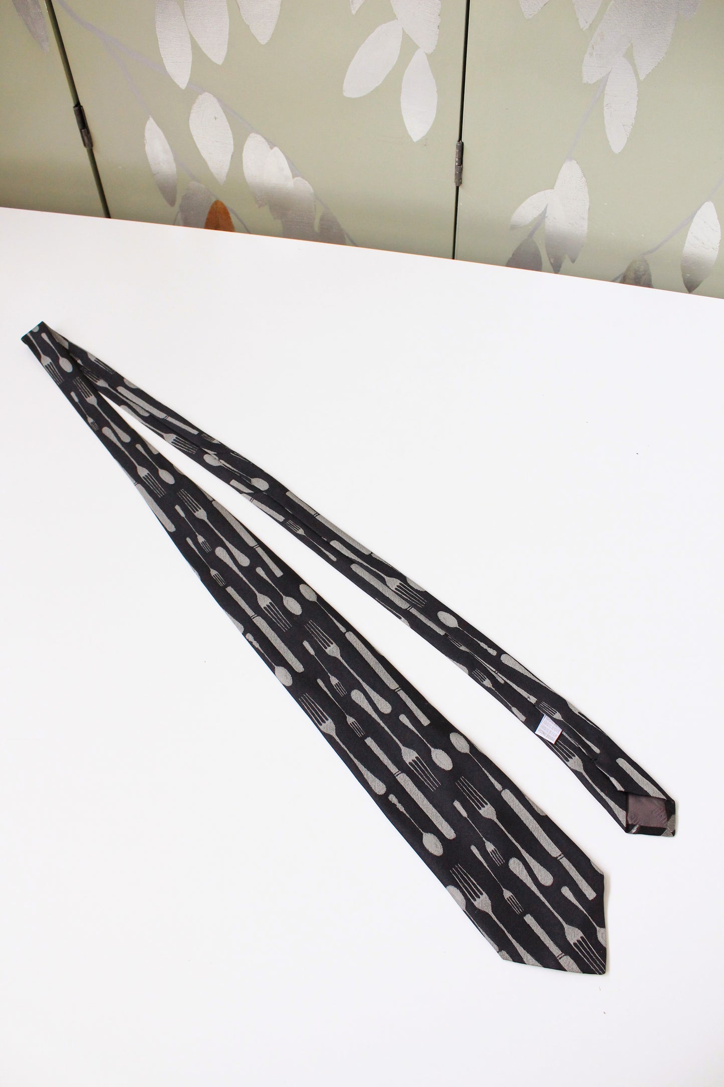 1990s Moschino Black And Silver Utensil Silk Designer Tie