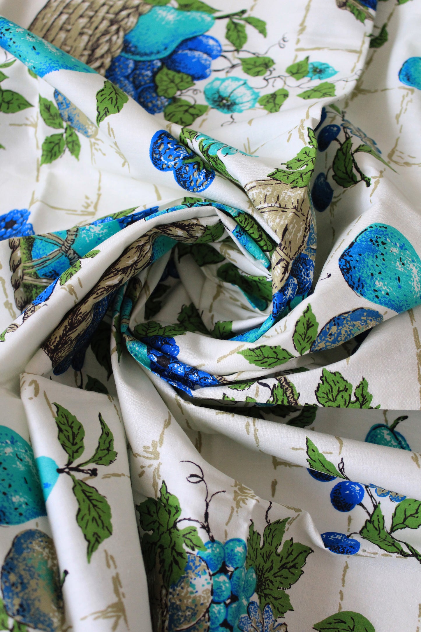 1960s Blue And Green Fruit Basket Cotton Sewing Fabric, 2 Yards