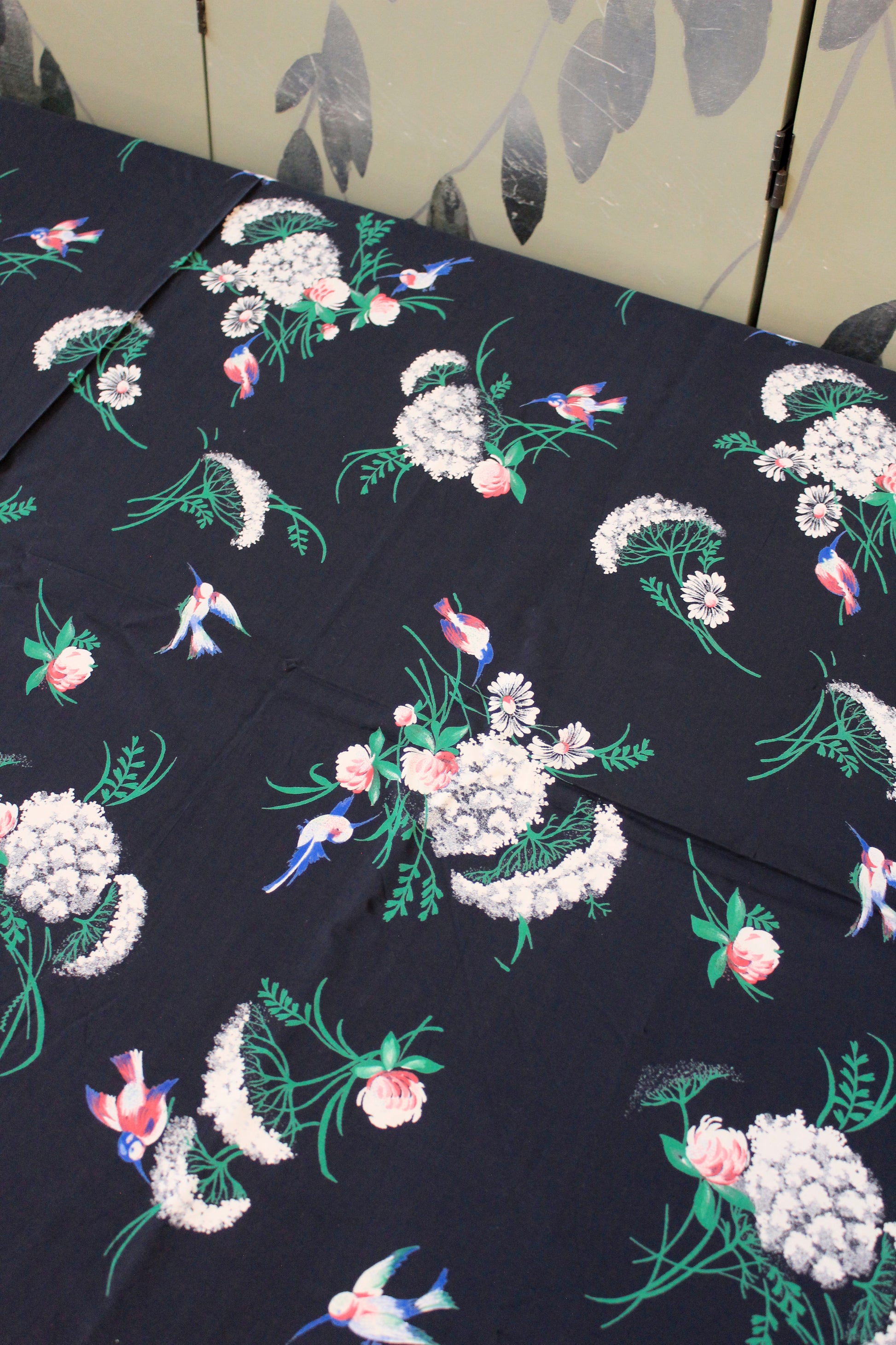 1940s Navy Blue Rayon Fabric With Hummingbirds Flying Though Flowers, 4 Yards