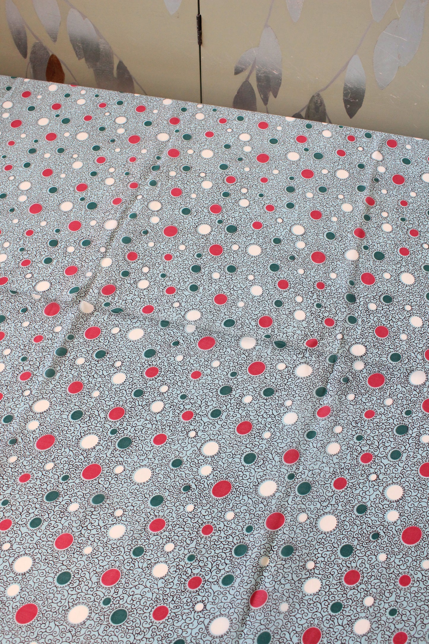  1940s Turquoise With Magenta And White Circles Rayon Fabric , 3.7 Yards