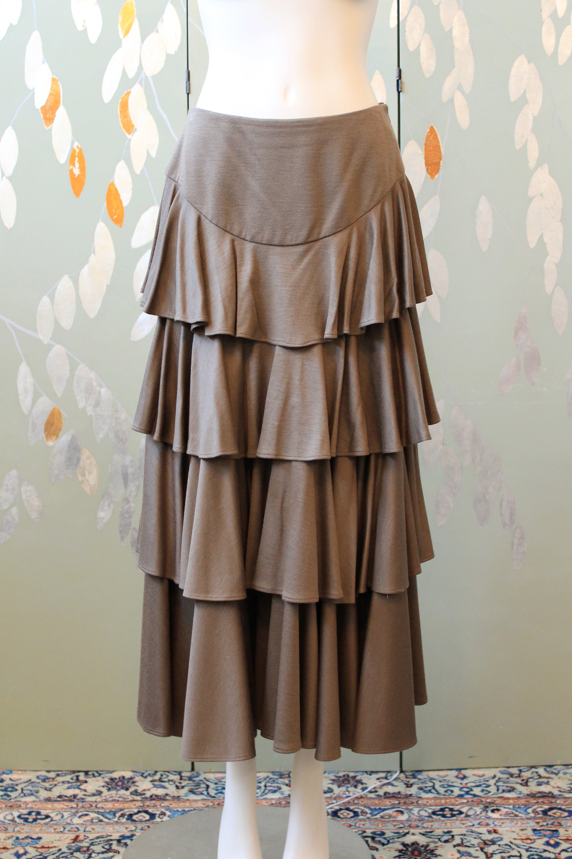 1980s Mariola Mayer Dark Taupe 3PC, Ruffle Skirt/Top/Jacket Matching Set, Small/Medium