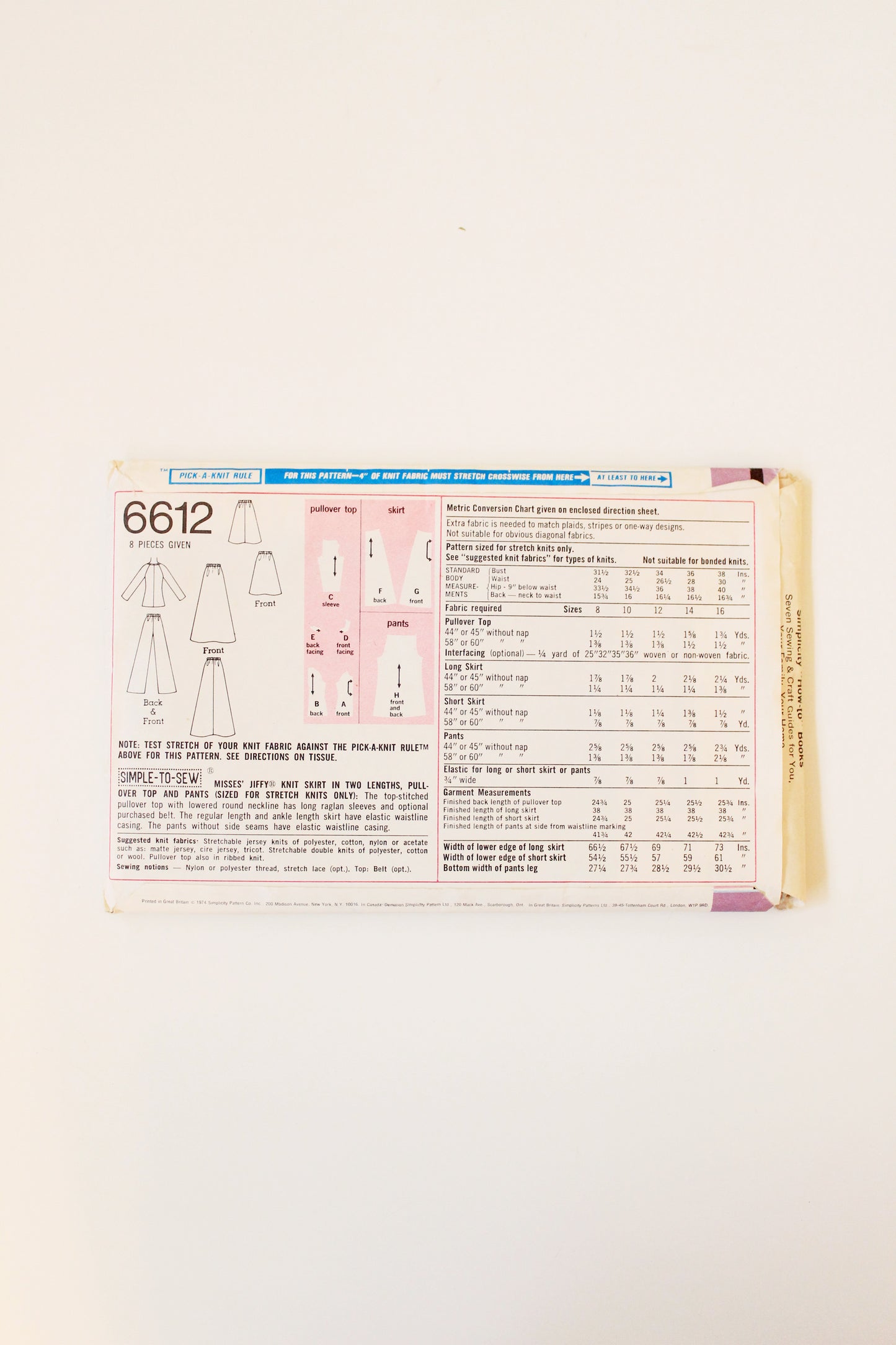 1970s Multiples Stretch Skirt/Top/Pants Simplicity 6612 Sewing Pattern, Cut-Complete Size 12