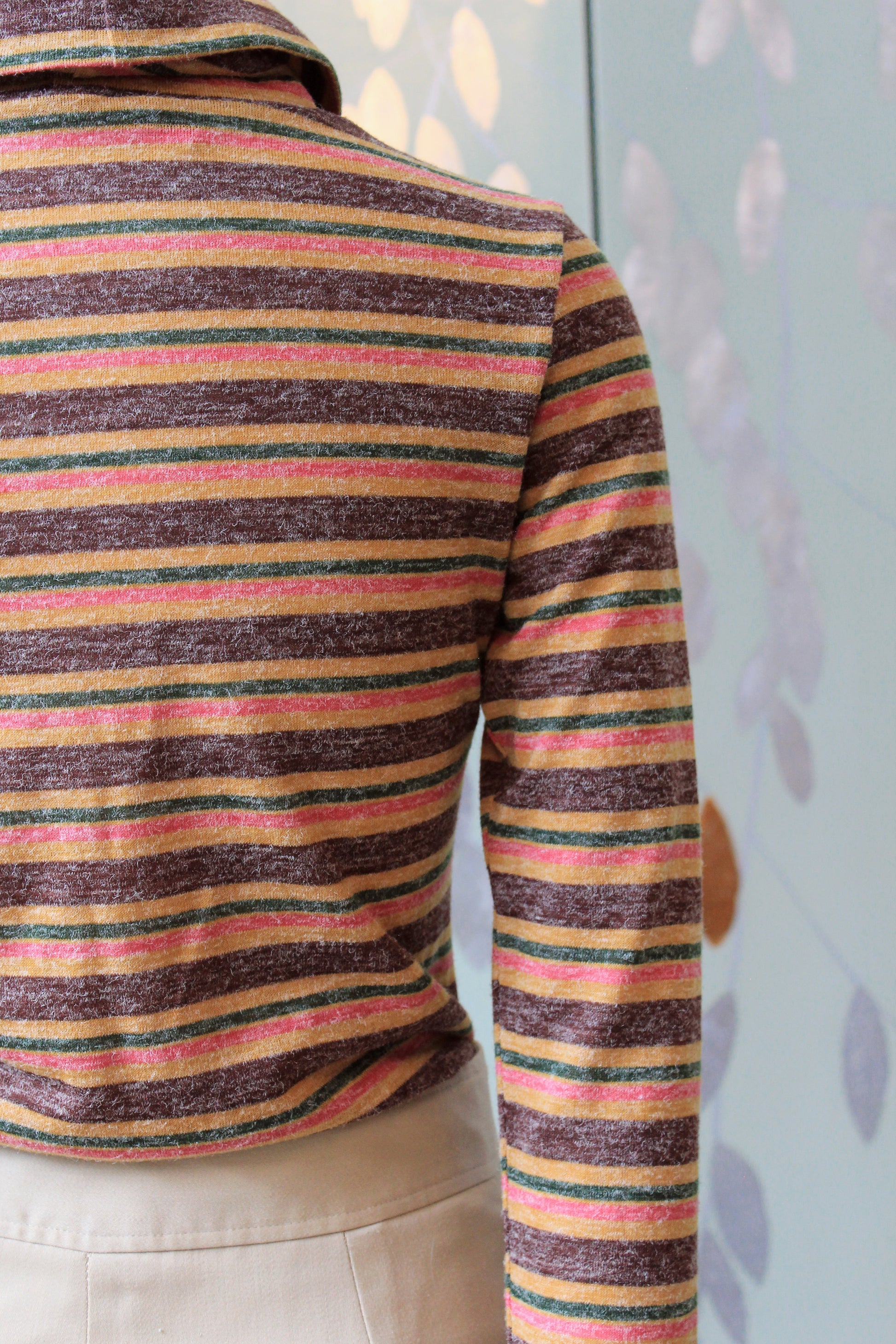 1970s Multicoloured Striped Wide Neck Long Sleeve Turtleneck, XS