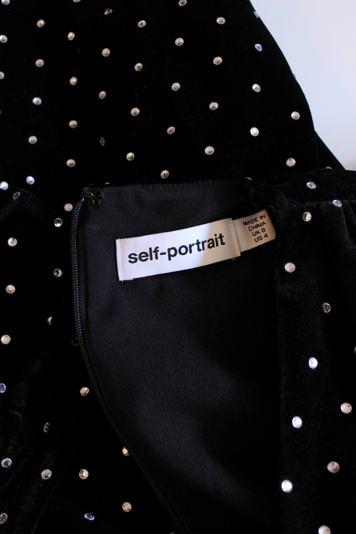 Self Portrait Black Puff Sleeve Diamanté Velvet Dress, XS