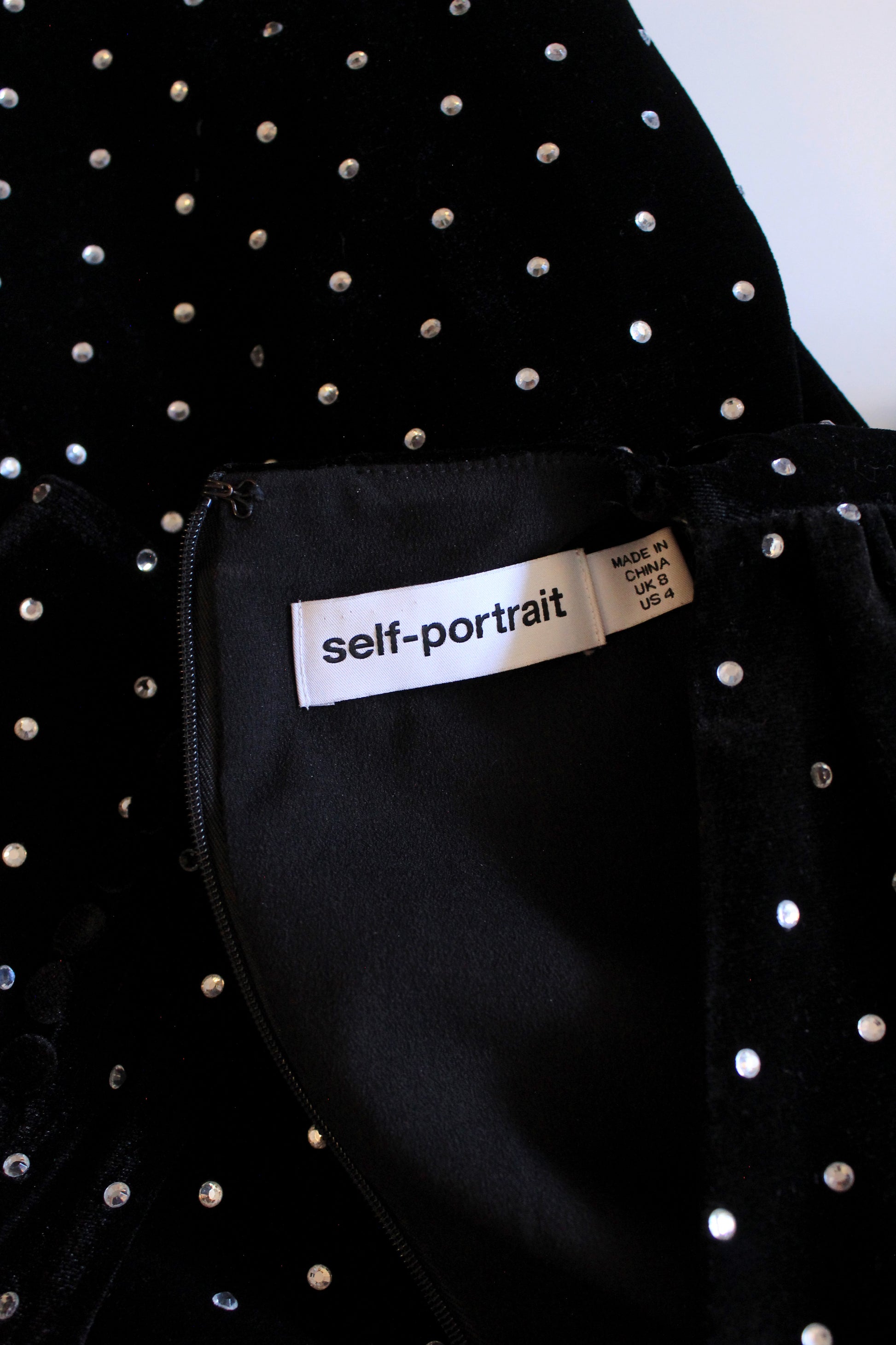 Self Portrait Black Puff Sleeve Diamanté Velvet Dress, XS