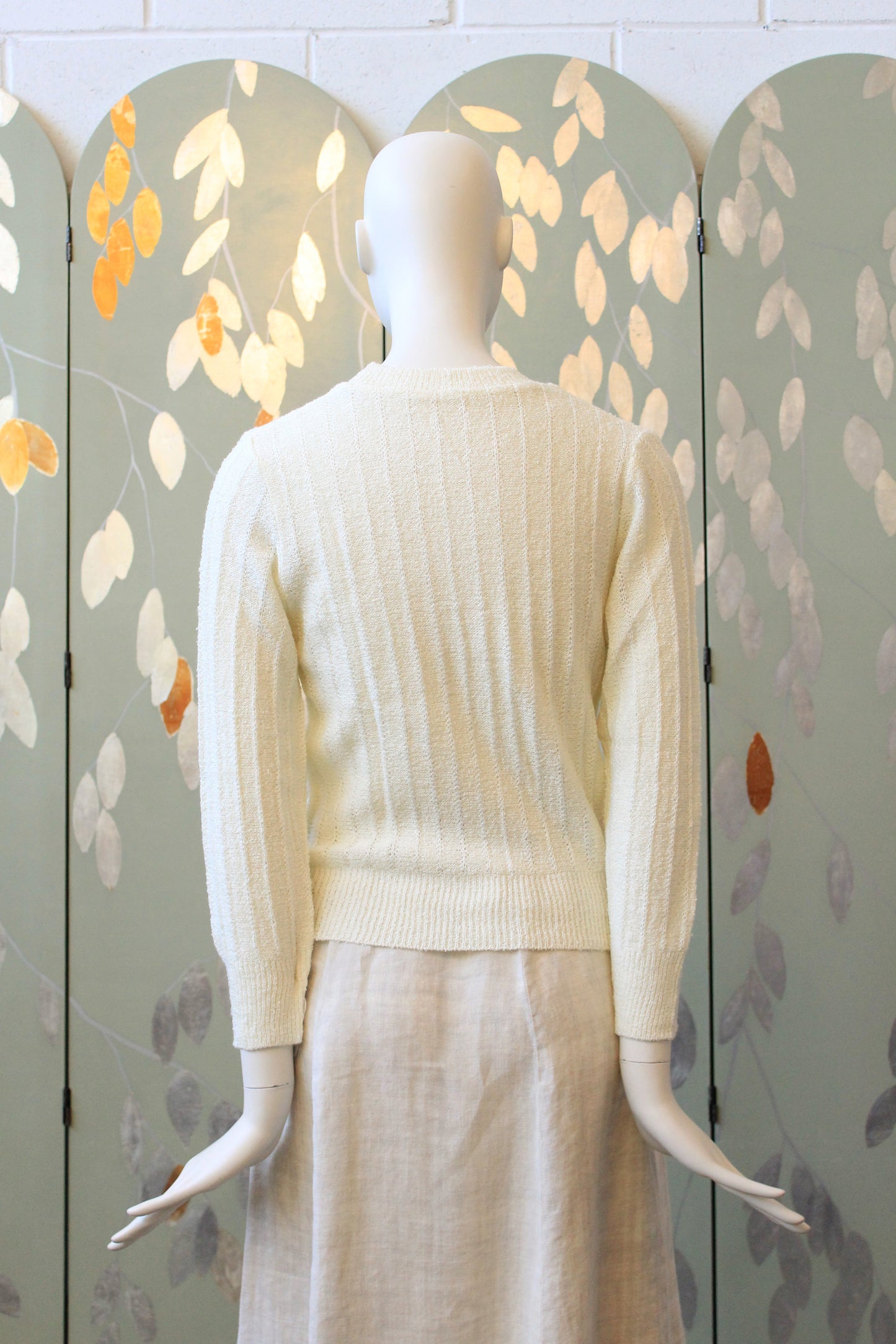 1980s Cream Deadstock Long Sleeve Crew Neck Top, Small